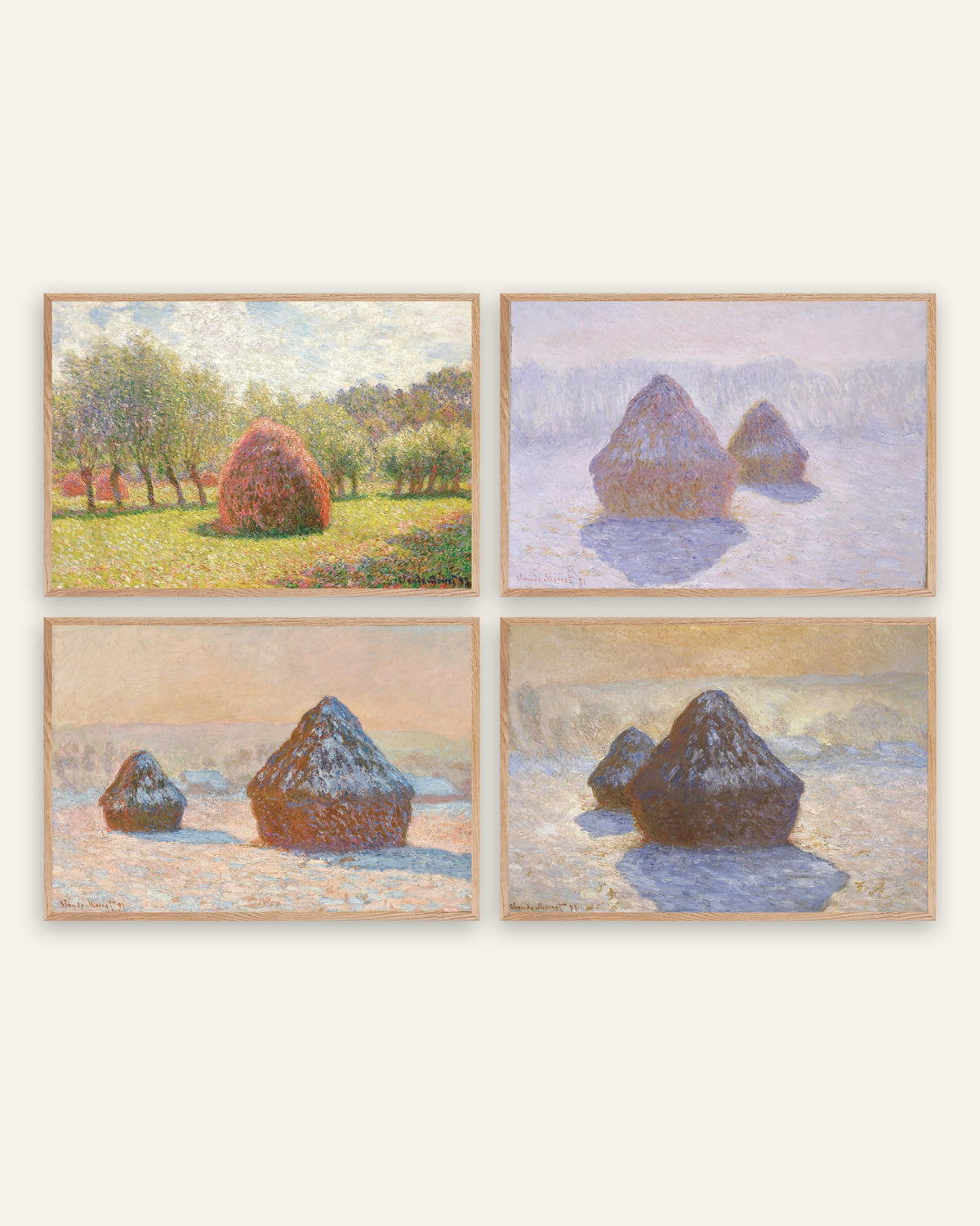 Affiches Monet Meules, lot de 4 : de l’été à la neige, cadres en chêne naturel
