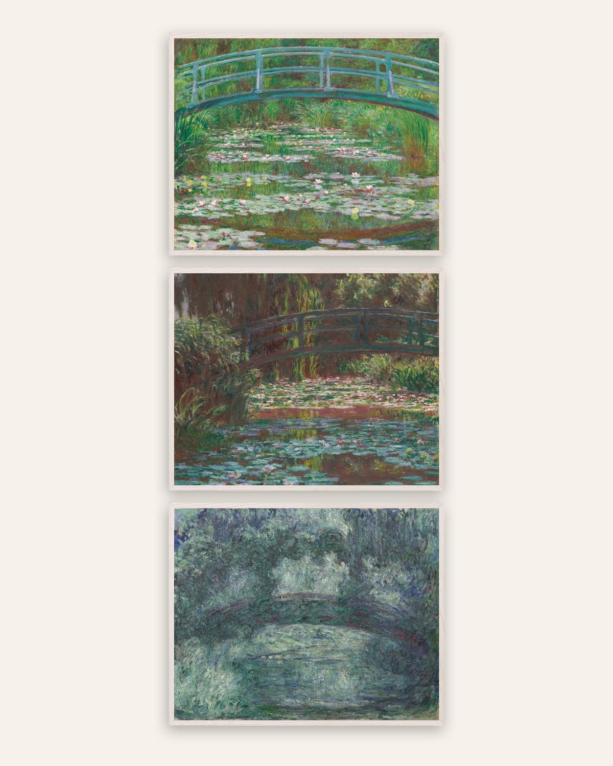 Affiches Monet Pont japonais, lot de 3 : Giverny, de 1899 à 1924, cadres en chêne blanc