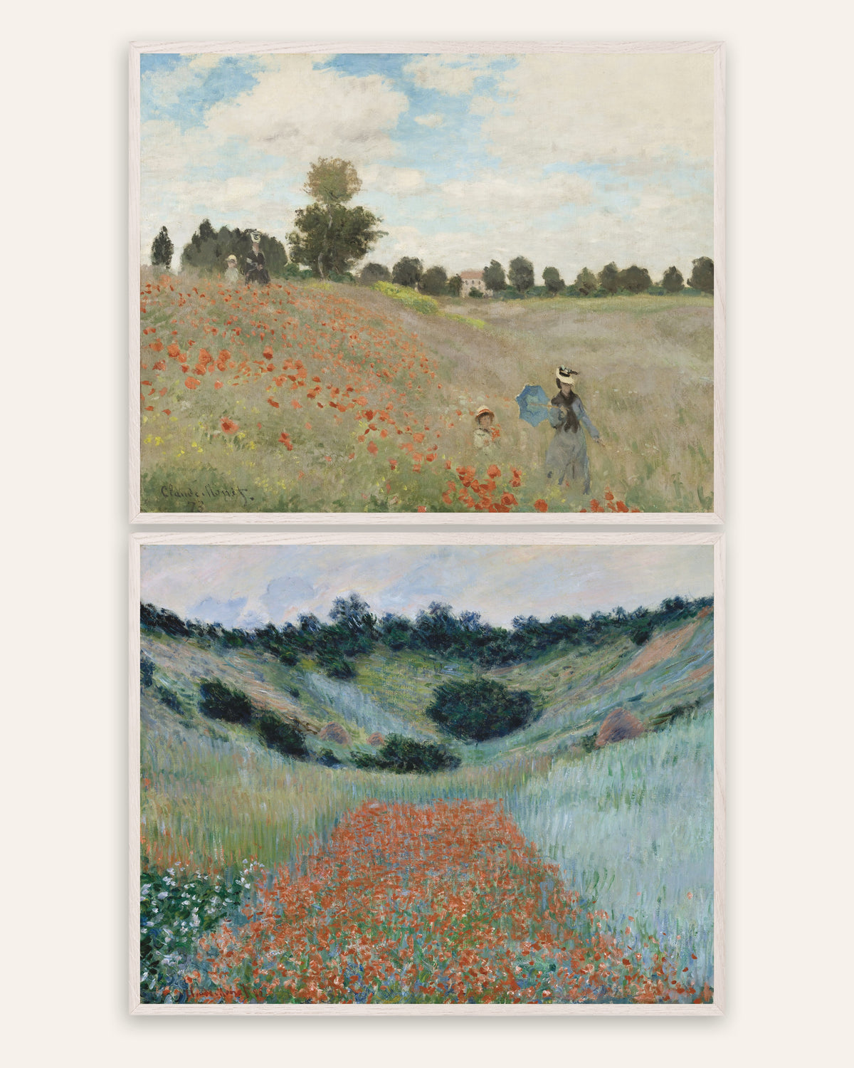 Affiches Monet Coquelicots, lot de 2 : Argenteuil et Giverny, cadres en chêne blanc