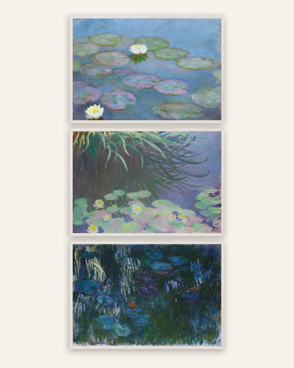Affiches Monet Nymphéas, lot de 3 : premiers et derniers panoramas, cadres en chêne blanc