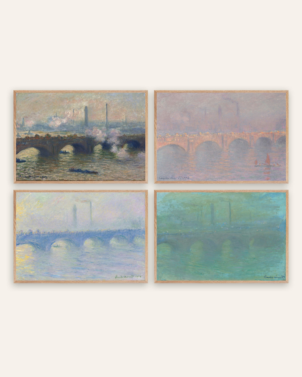 Affiches Monet Waterloo Bridge, lot de 4 : temps gris, soleil voilé, brume et crépuscule, cadres en chêne naturel