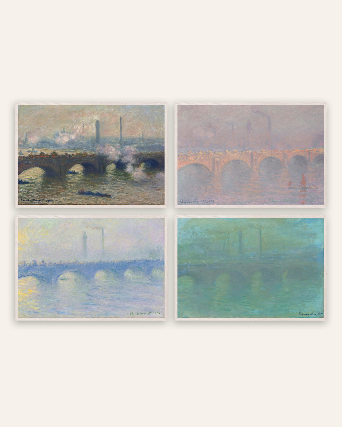 Affiches Monet Waterloo Bridge, lot de 4 : temps gris, soleil voilé, brume et crépuscule, cadres en chêne blanc