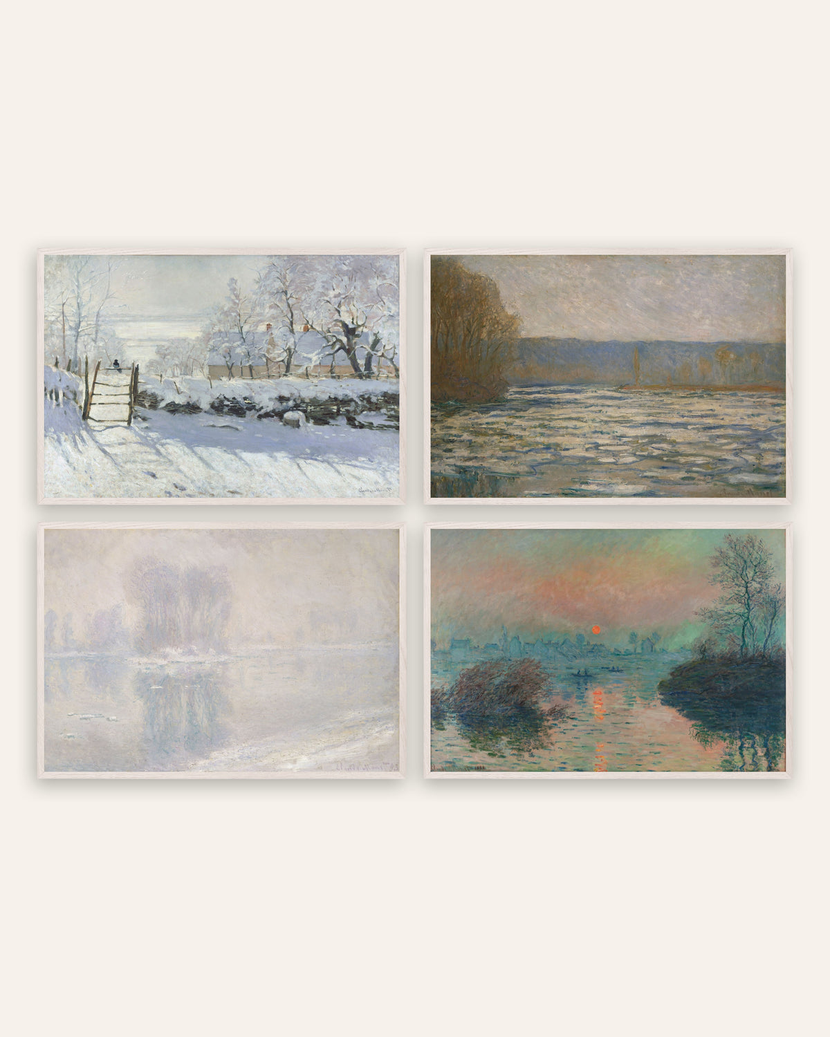Affiches Monet hiver, lot de 4 : la Pie, la glace et le soleil d’hiver, cadres en chêne blanc