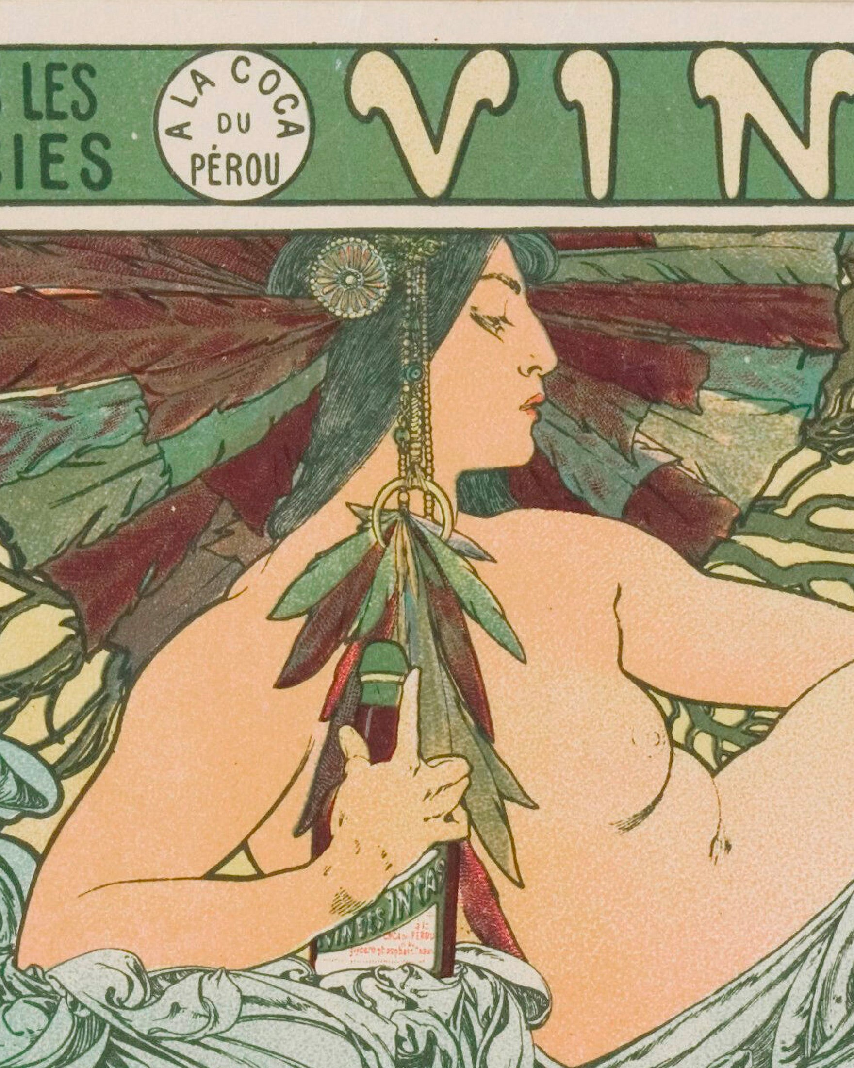 Vintage-style Mucha advertisement with a stylized woman holding leaves, featuring text at the top.