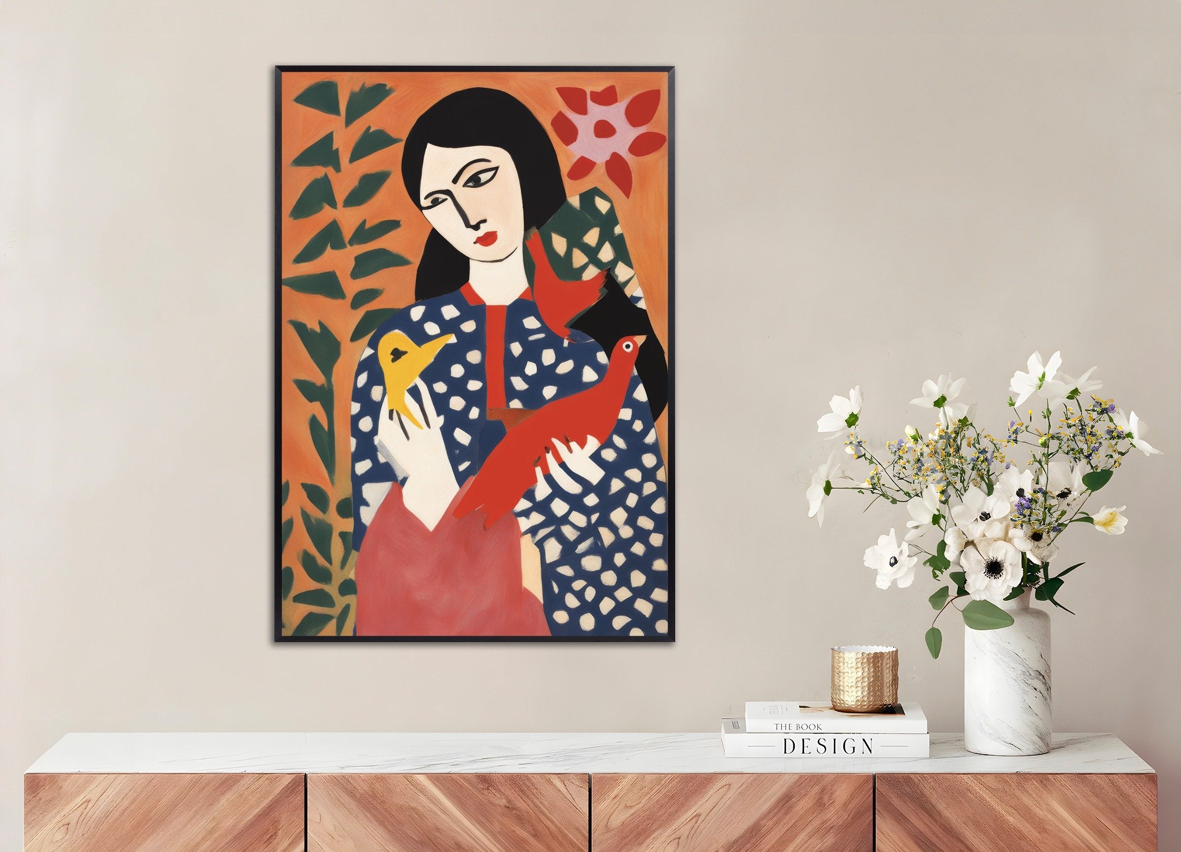 Poster of Natasha with birds art print, with metal frame
