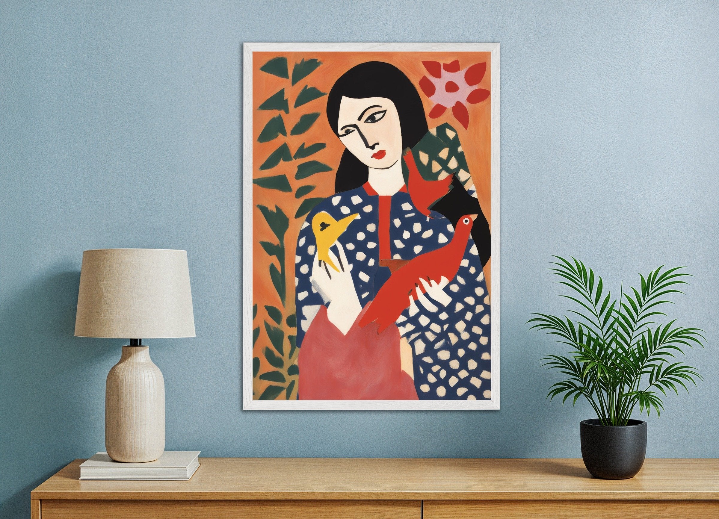 Poster of Natasha with birds art print, with white wooden frame