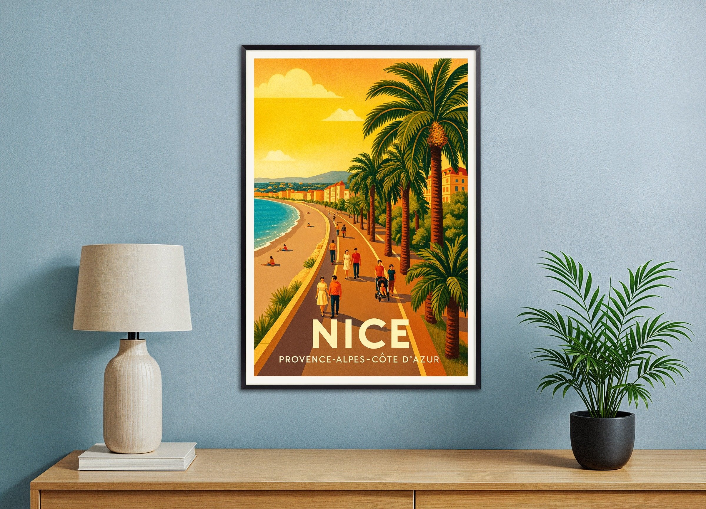 Poster of Nice Promenade Poster – French Riviera, with metal frame