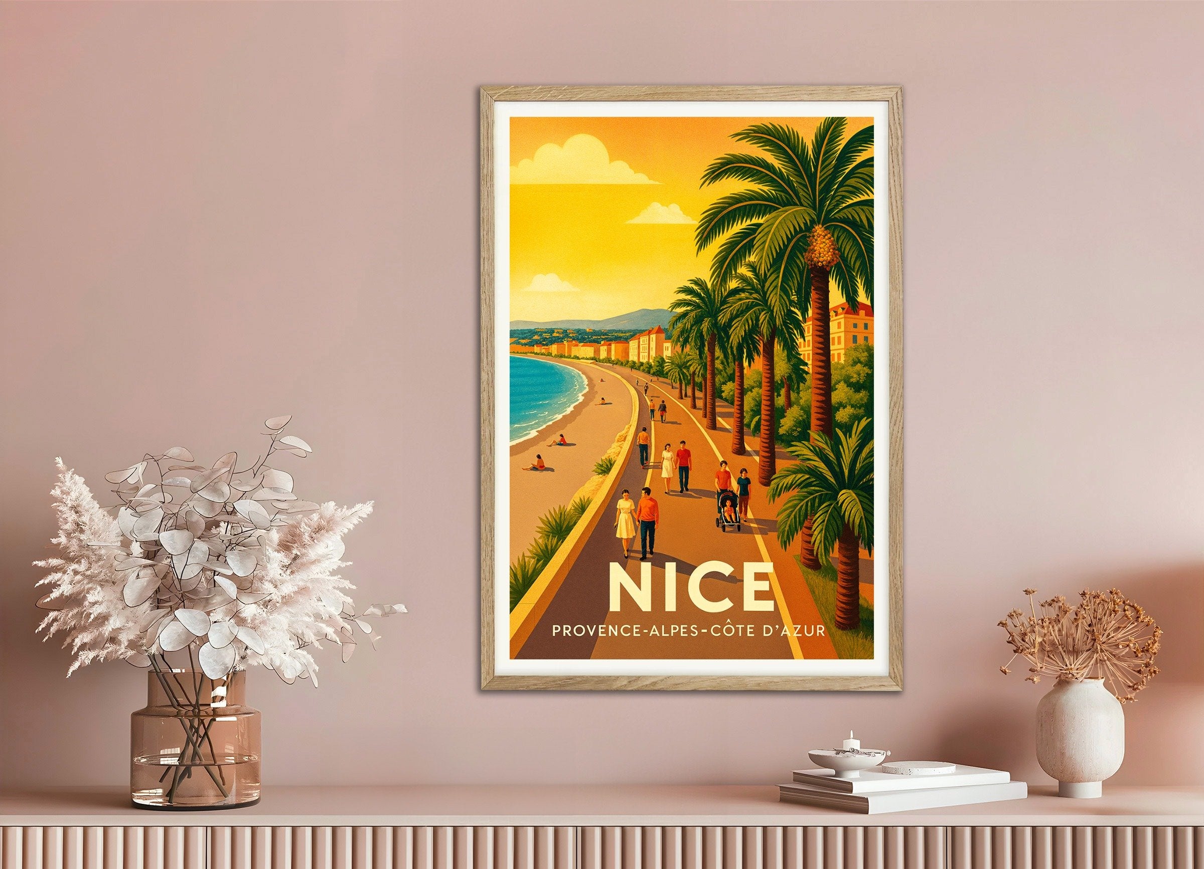 Poster of Nice Promenade Poster – French Riviera, with natural wooden frame