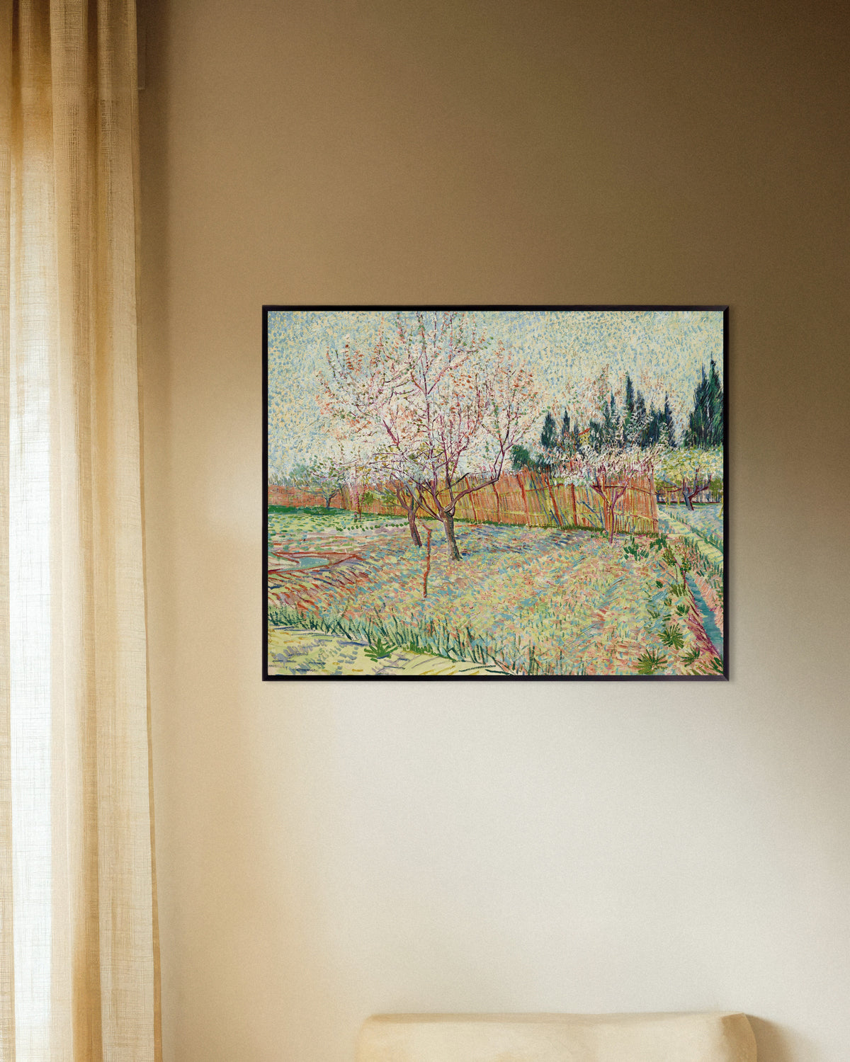 Poster de Le Verger bordé de cyprès (1888), de Vincent van Gogh, avec un cadre métallique