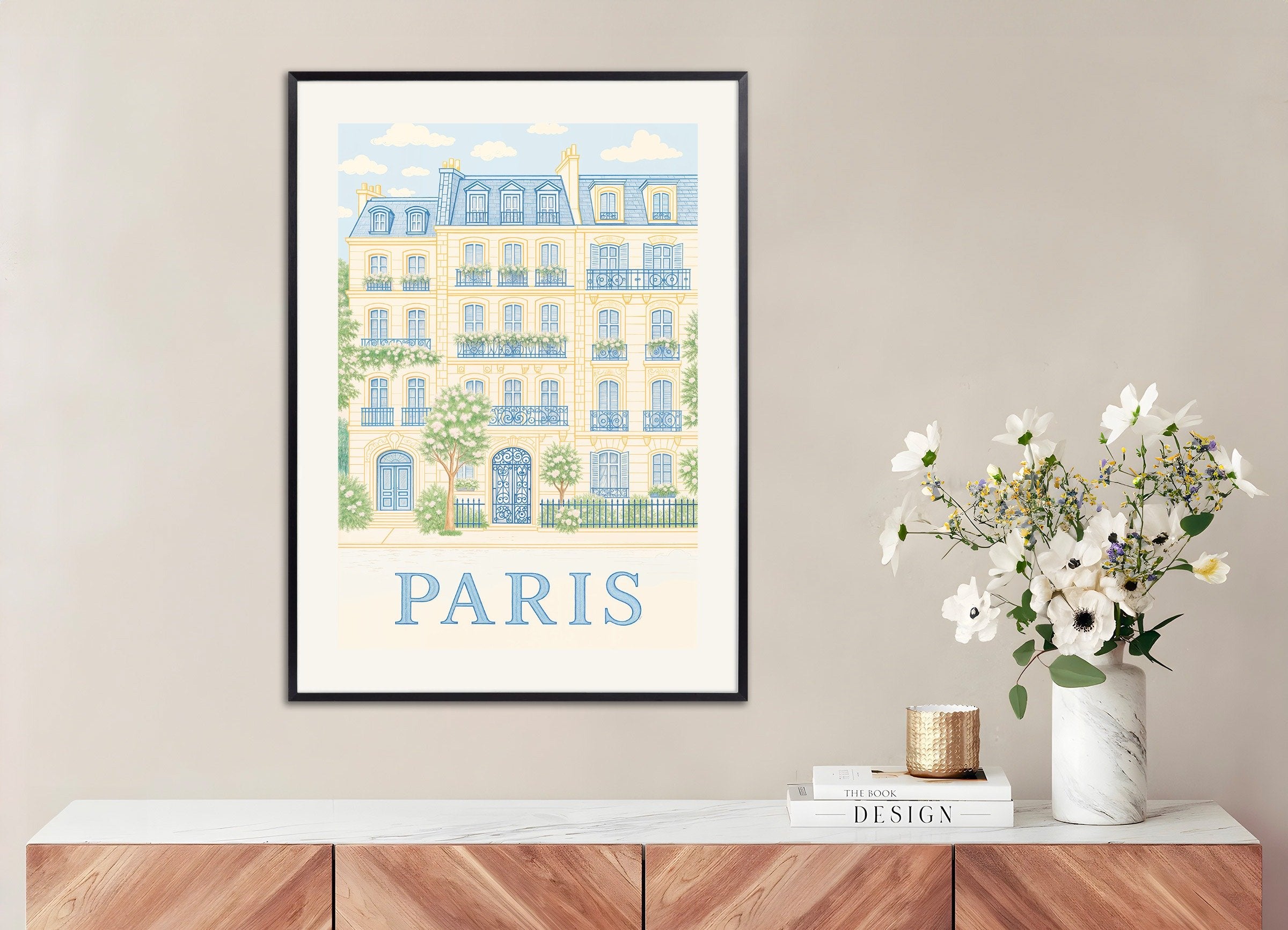 Poster of Paris Façade Poster – Elegant Pastel Illustration, with metal frame