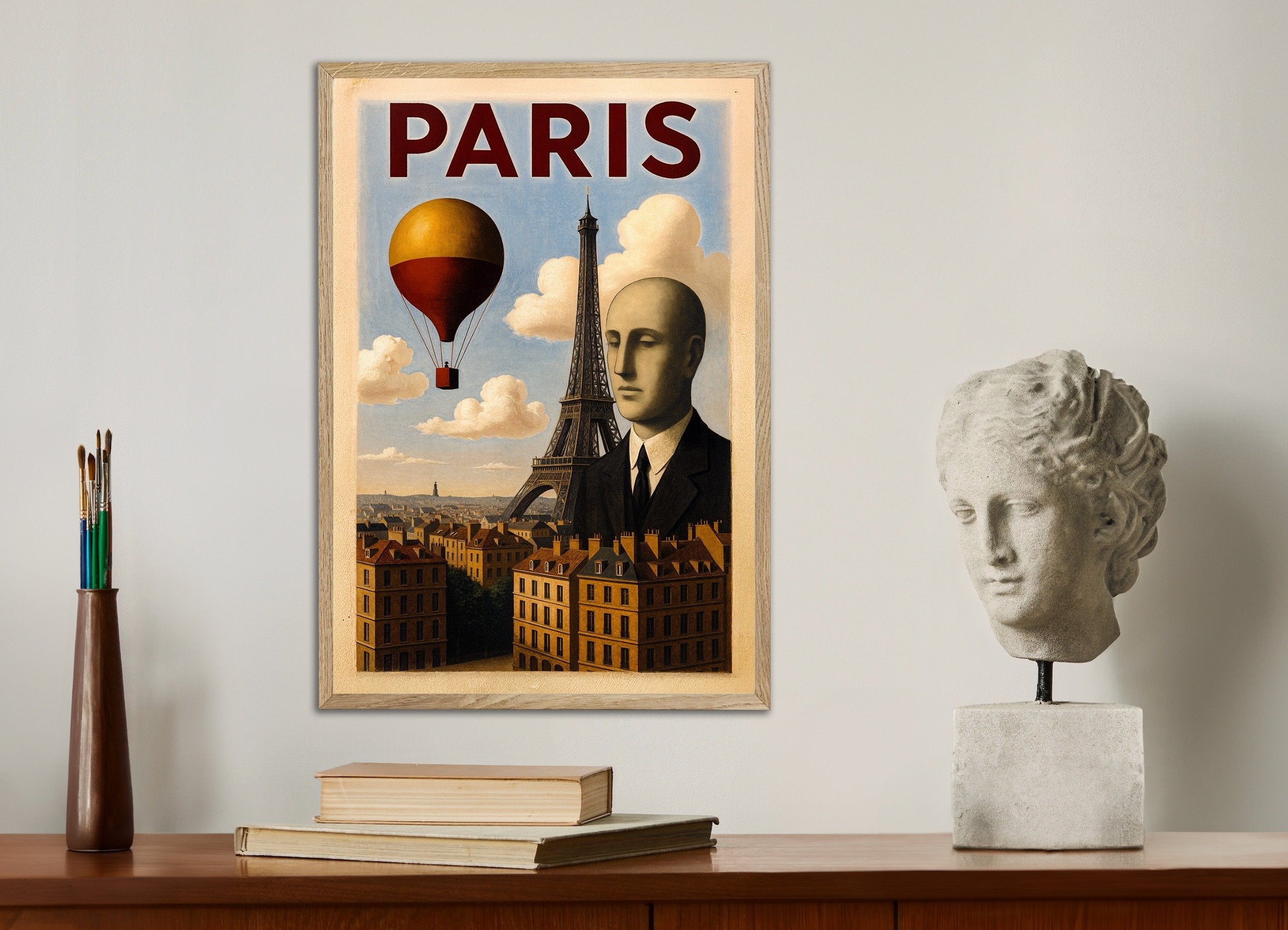 Poster of Paris - Steampunk Surrealism, with natural wooden frame