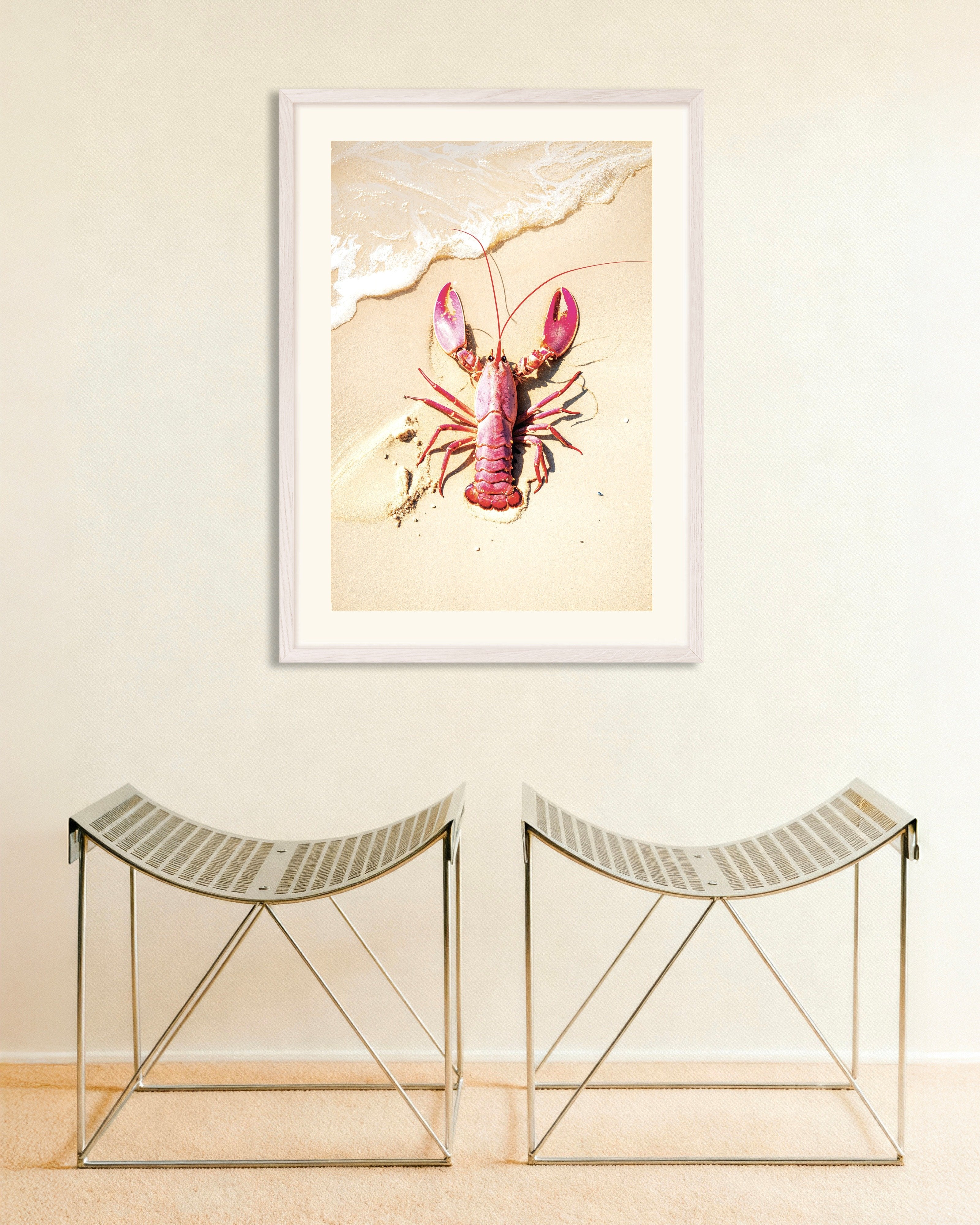 Poster of Pink lobster on a beach - Poster, with white wooden frame