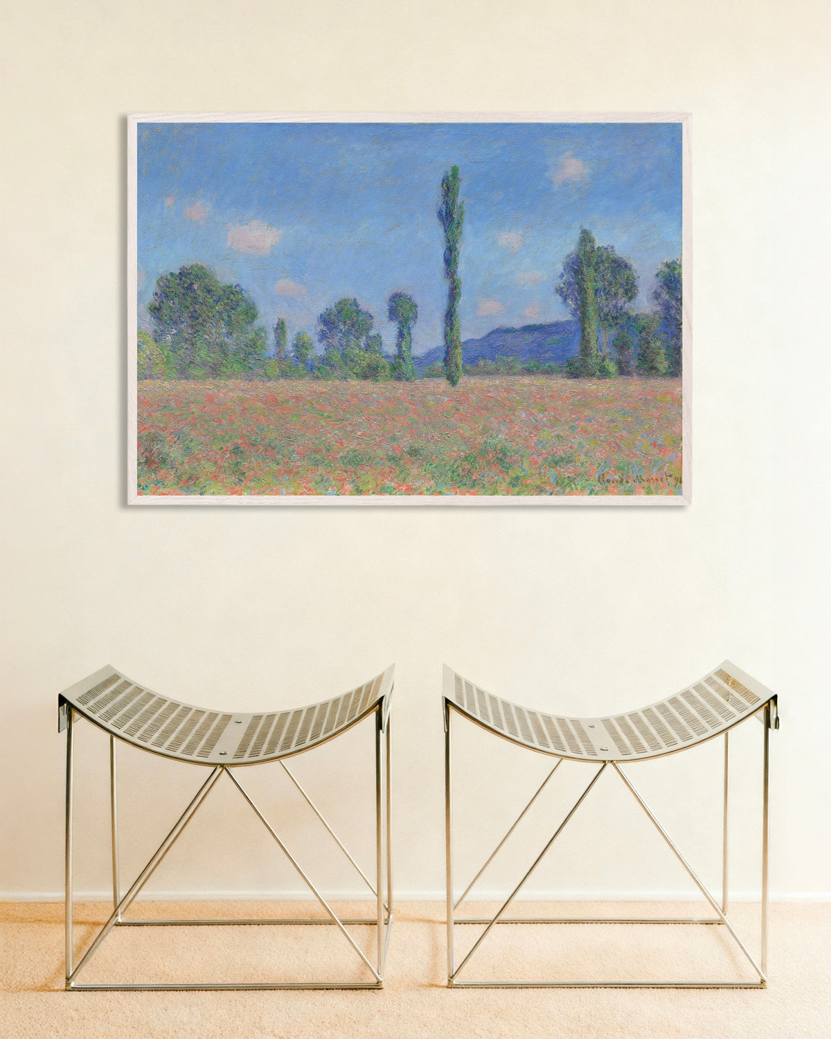 Affiche Champ de coquelicots, Giverny (1890) de Claude Monet, avec un cadre en bois blanc