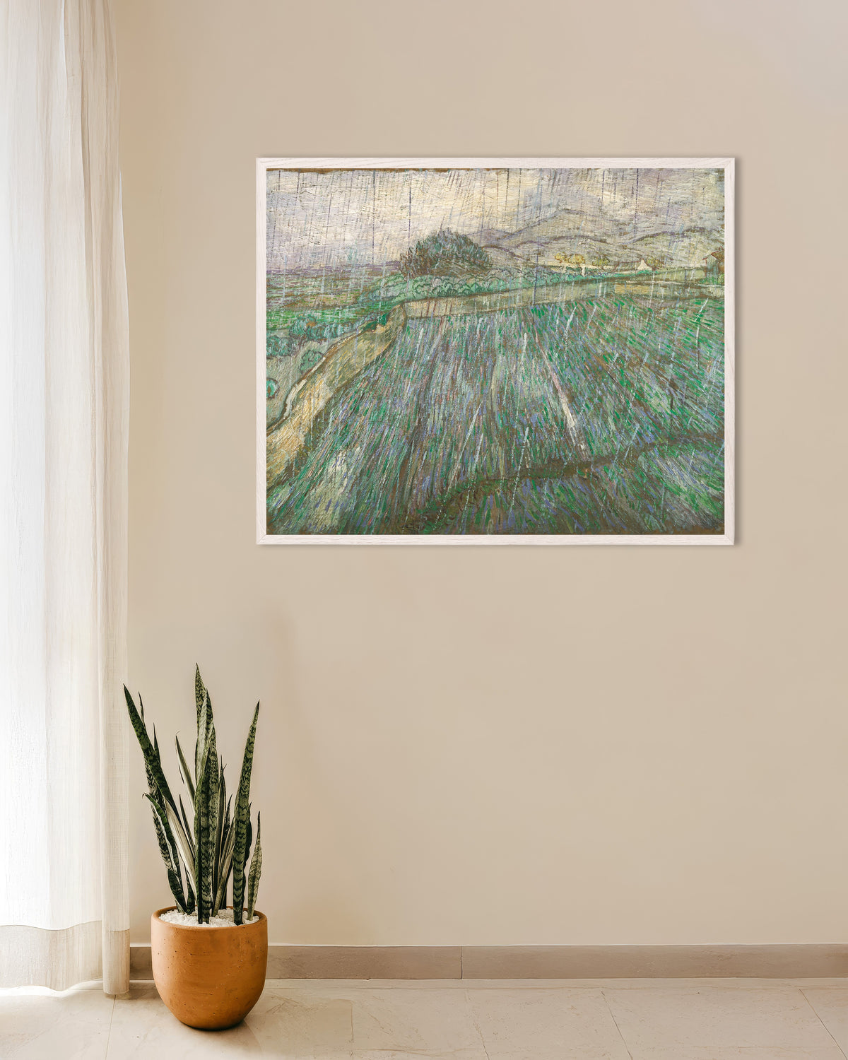 Poster La Pluie (1889) de Vincent van Gogh avec cadre en bois blanc