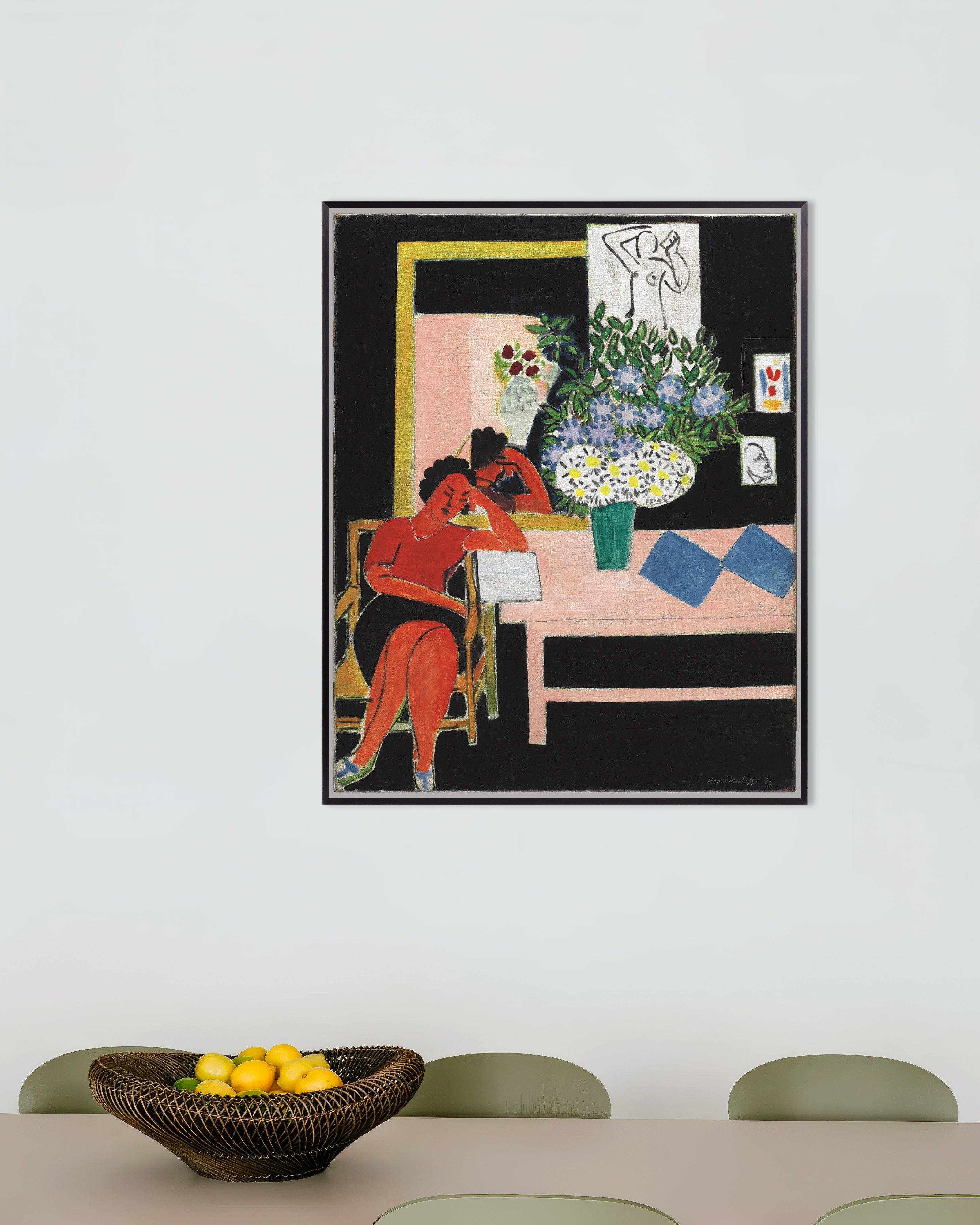 Poster of Reader on a Black Background (Liseuse sur fond noir) by Henri Matisse, with metal frame