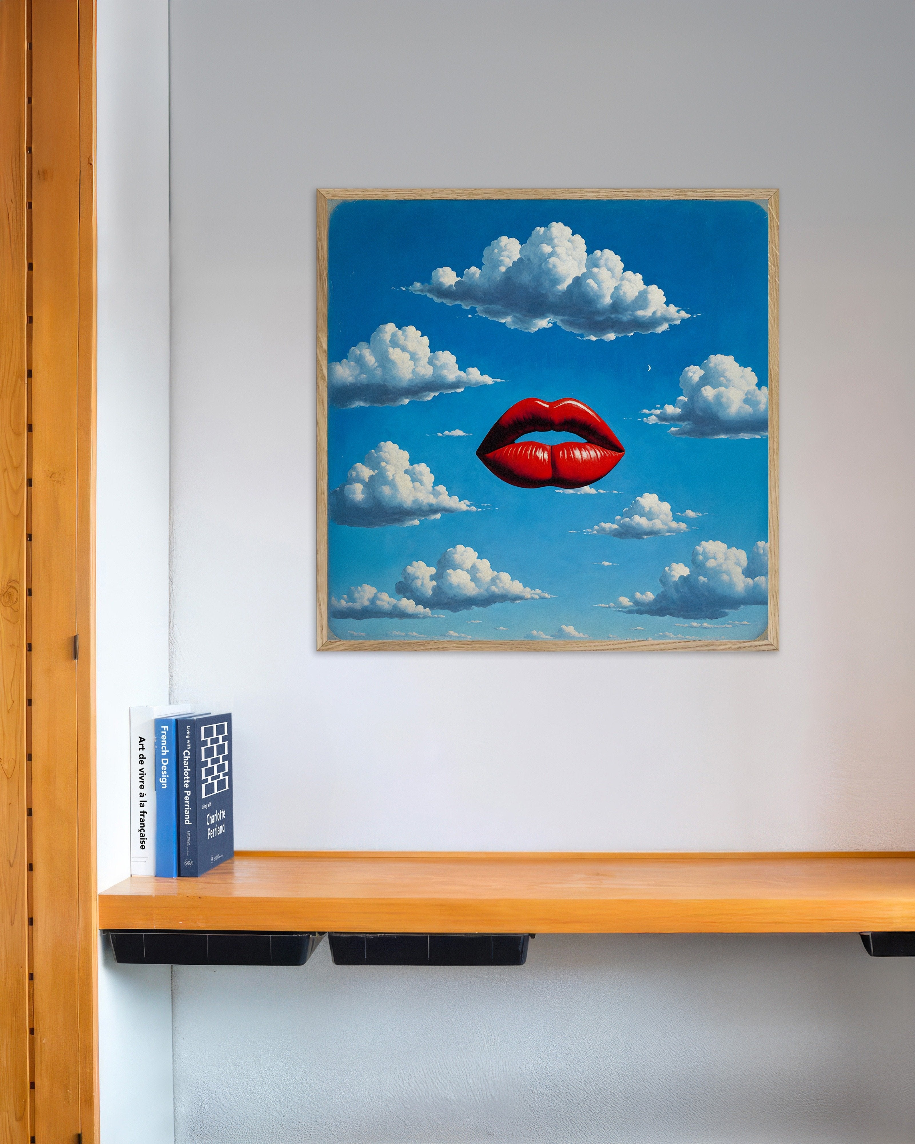 Poster of Red Lips Poster – Dreamlike Surrealism Art, with natural wooden frame