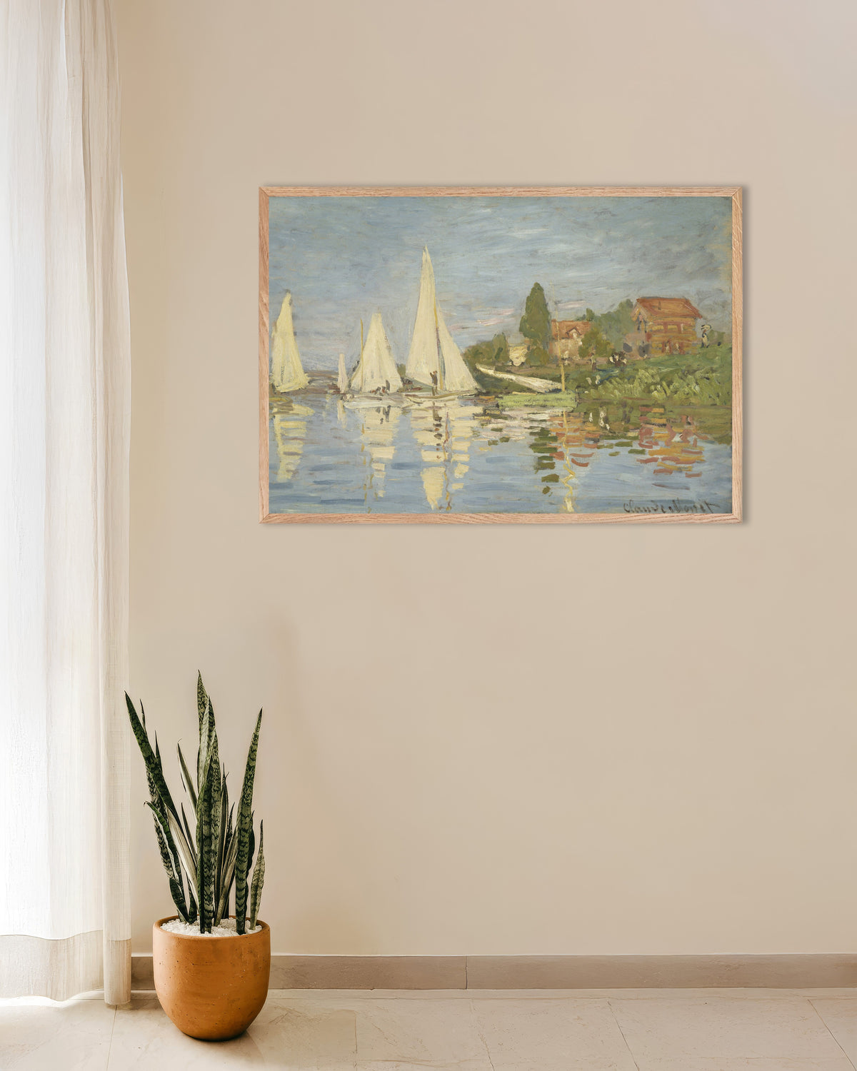 Affiche Régates à Argenteuil (vers 1872) de Claude Monet, avec un cadre en bois naturel