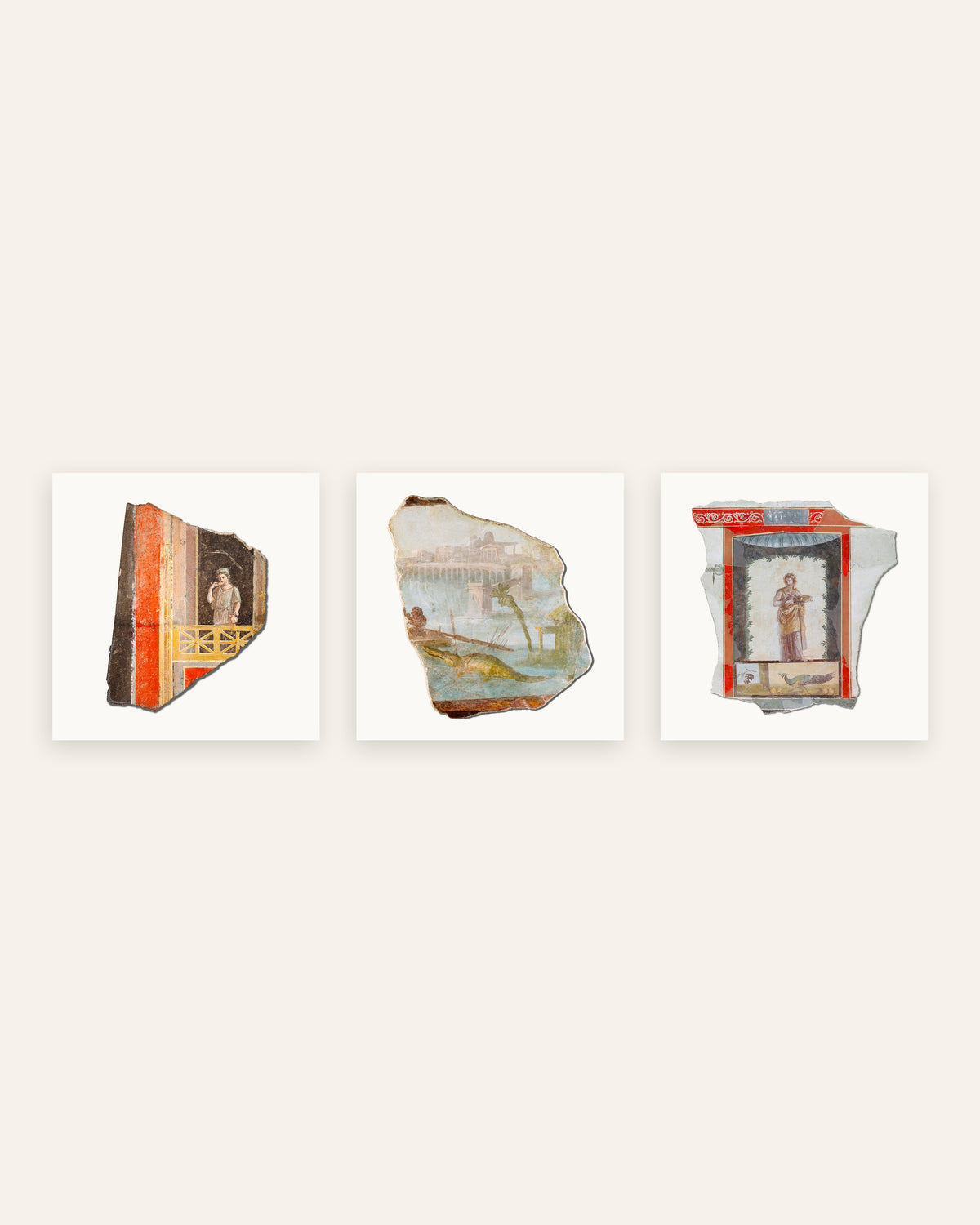 Affiches fragments de fresques romaines, lot de 3 : balcon, Nil et paon, sans cadre