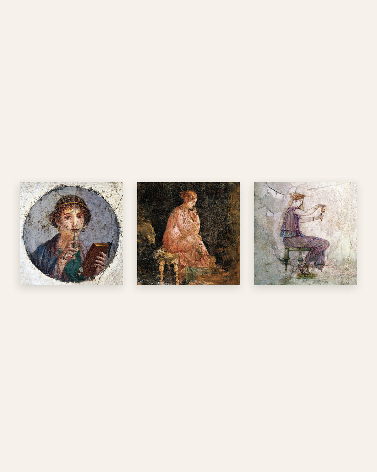 Affiches fresques romaines, lot de 3 : Sappho, femme assise et parfum, sans cadre