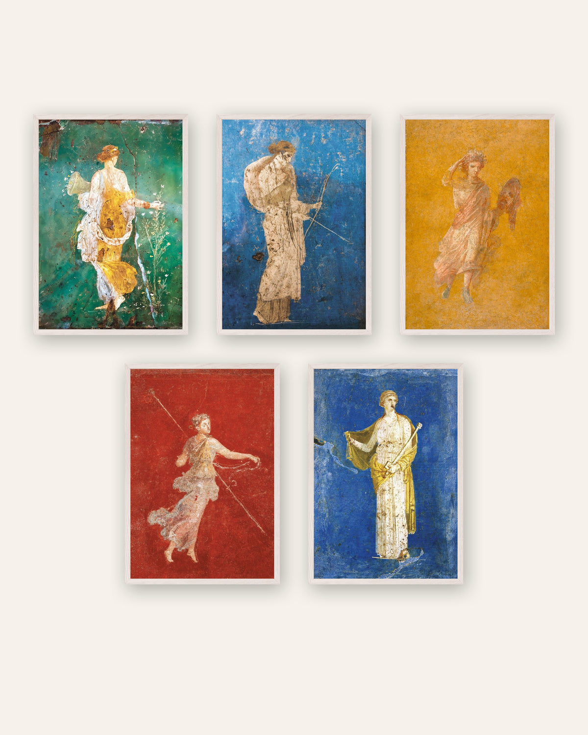 Lot de 5 affiches de fresques romaines, Flora, Artémis, Melpomène, Ménade et Médée, cadres en bois blanc