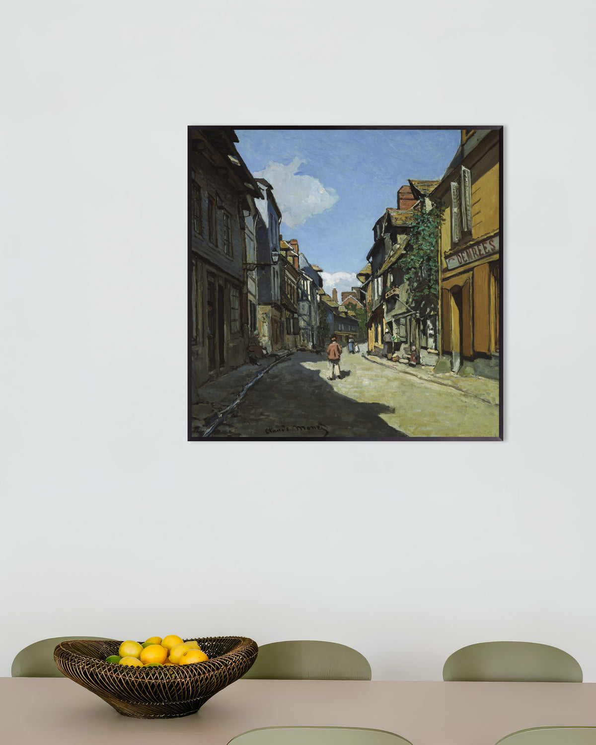 Affiche La Rue de la Bavole à Honfleur (1864) de Claude Monet, avec un cadre en métal