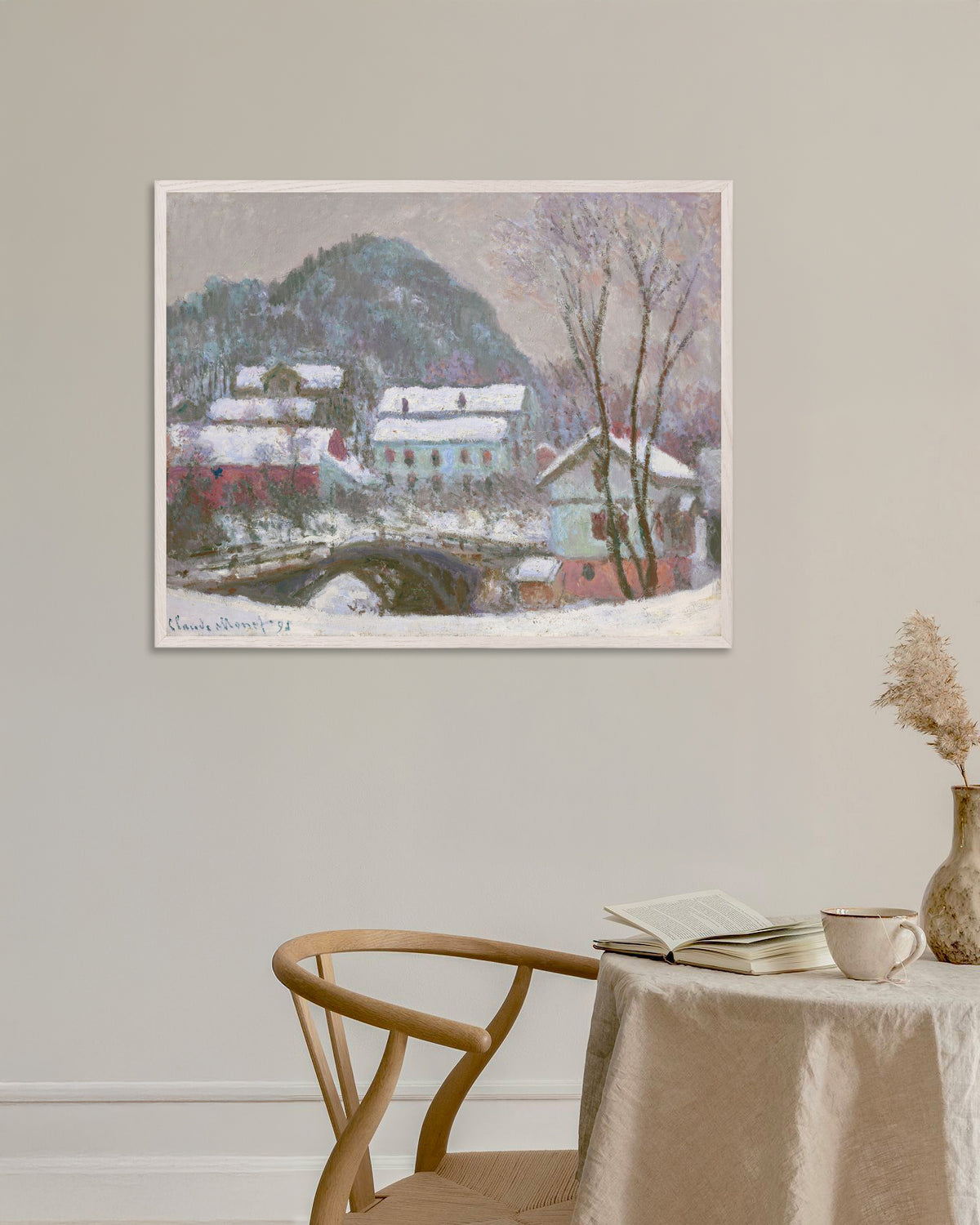 Affiche Sandviken, Norvège, effet de neige (1895) de Claude Monet, avec un cadre en bois blanc