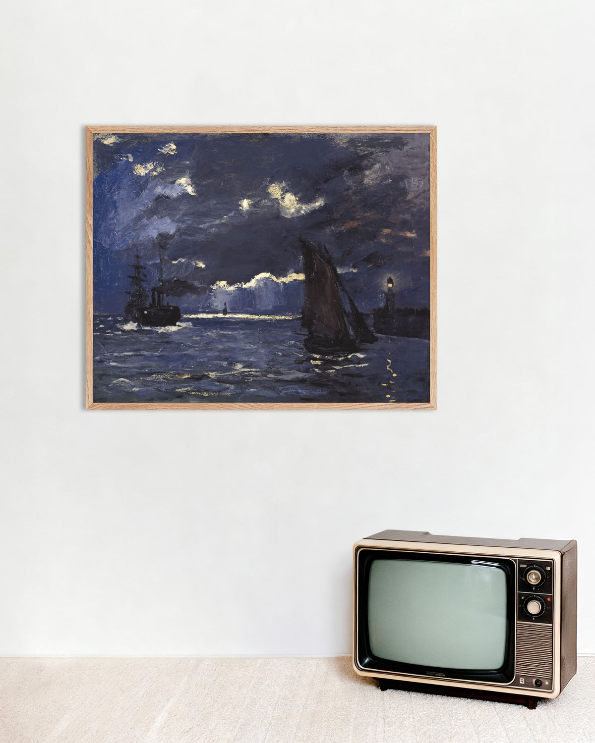 Affiche Marine, navires au clair de lune (1864) de Claude Monet, avec un cadre en bois naturel