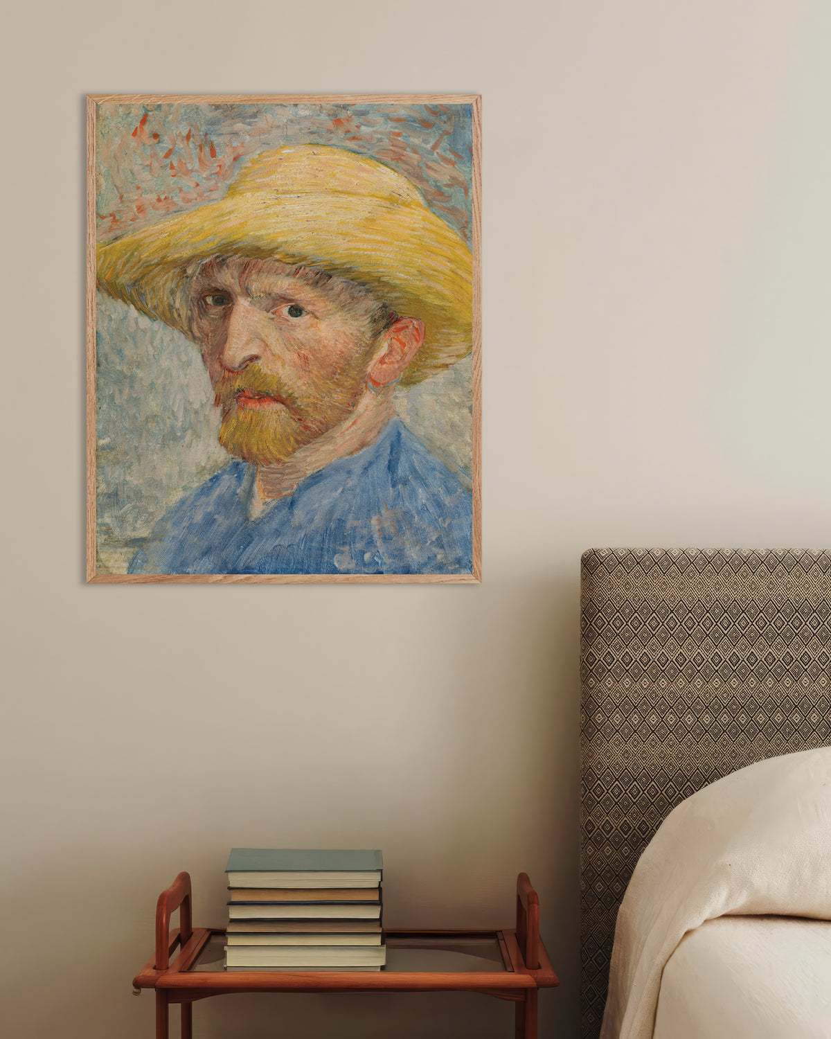 Poster de Autoportrait au chapeau de paille et à la blouse bleue (1887) de Vincent van Gogh, avec cadre en bois naturel