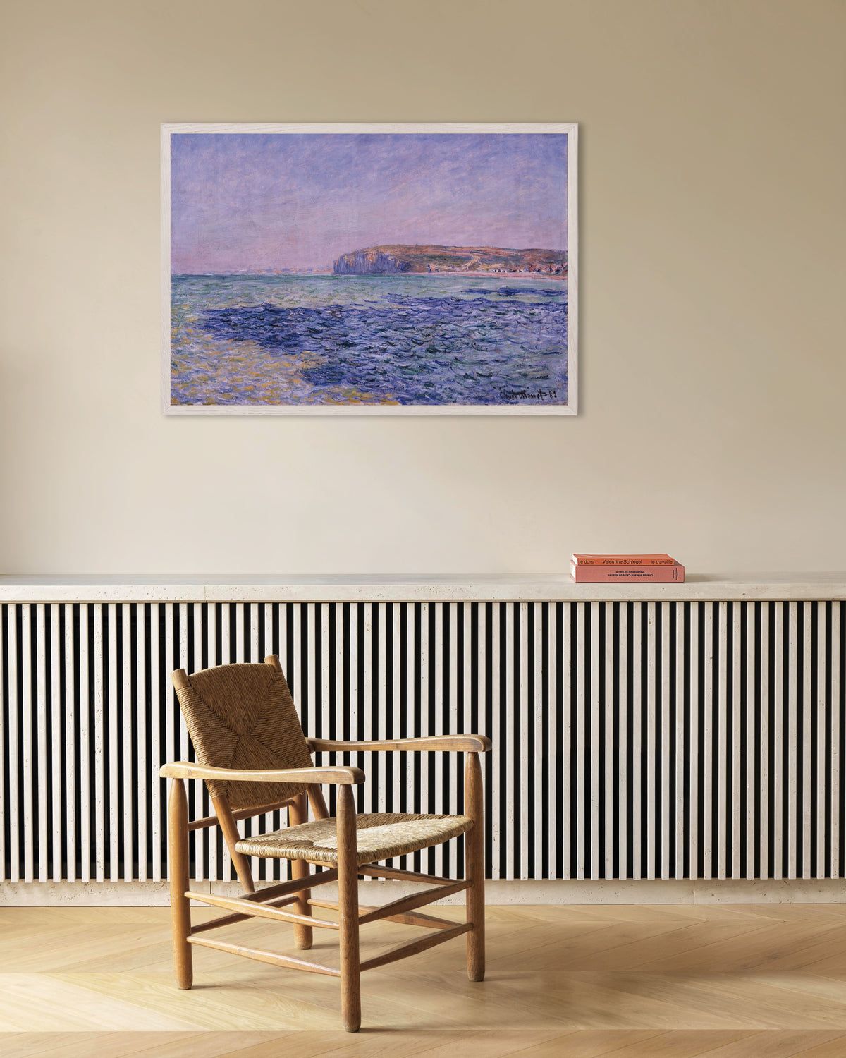 Affiche Ombres sur la mer, falaises de Pourville (1882) de Claude Monet, avec un cadre en bois blanc