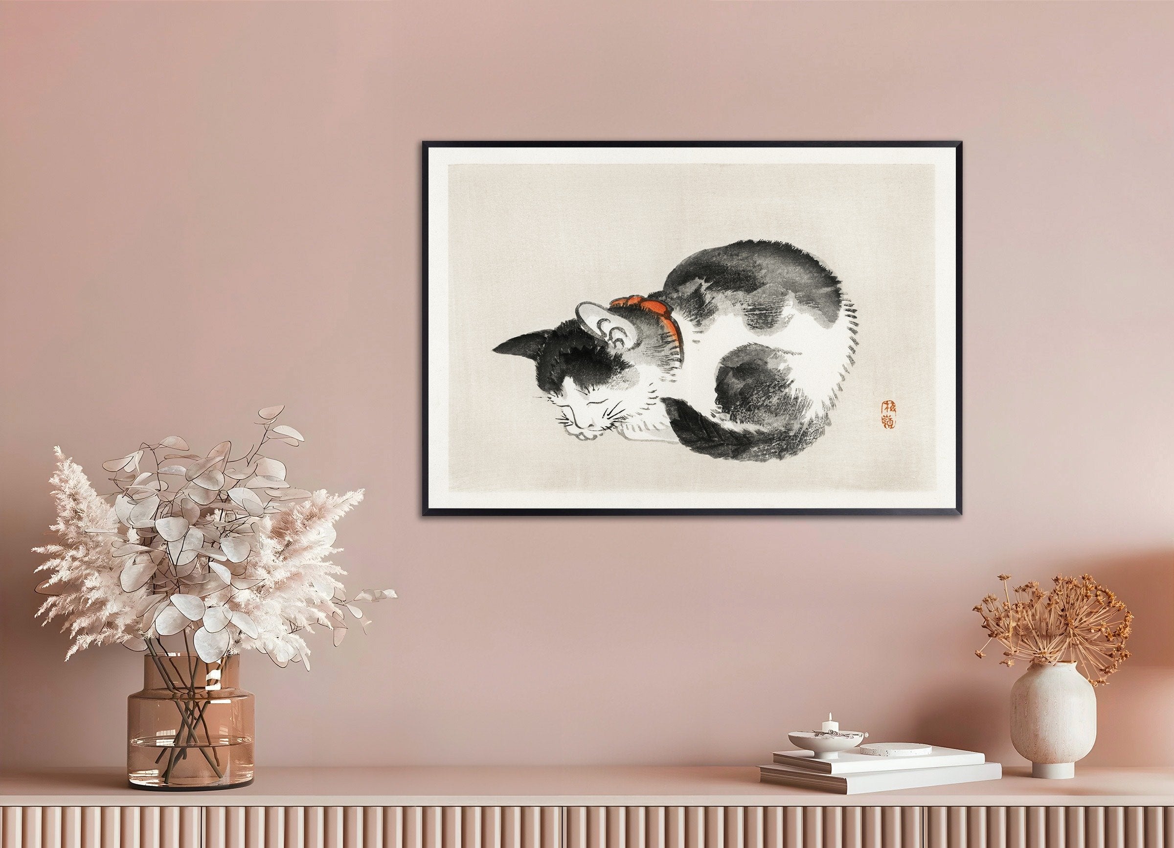 Poster of Sleeping cat, Kōno Bairei, with metal frame