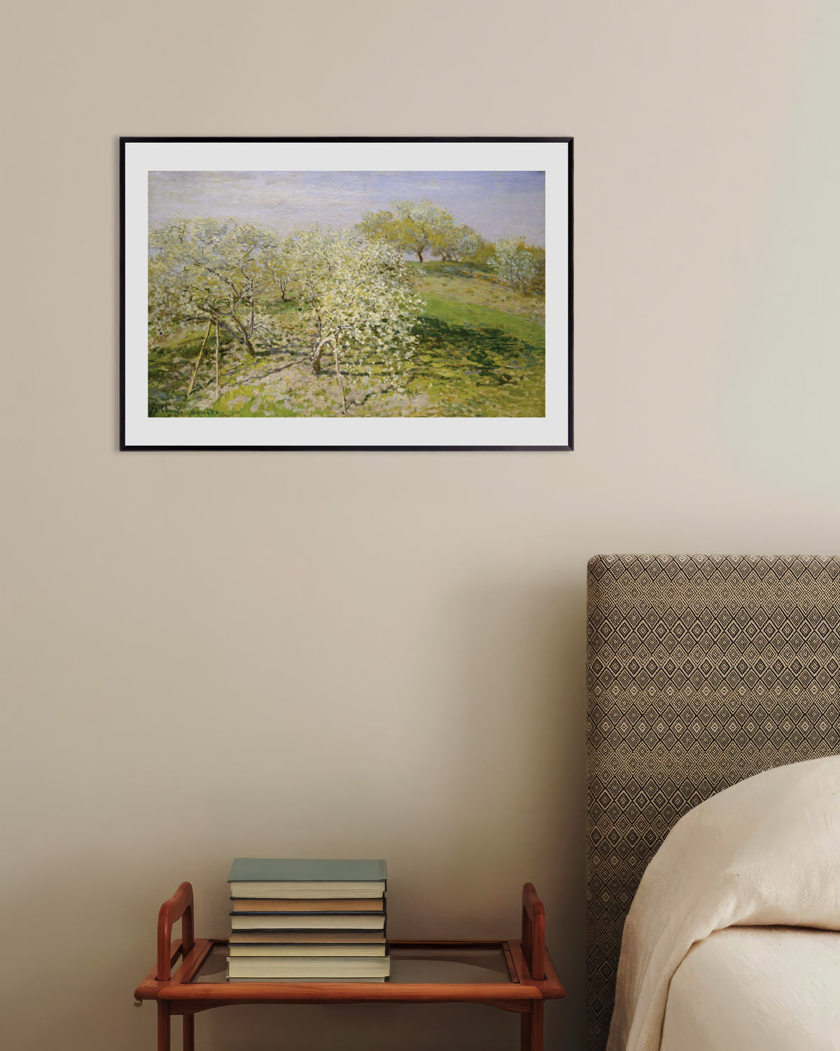 Affiche Le Printemps, arbres fruitiers en fleurs (1873) de Claude Monet, avec un cadre en métal
