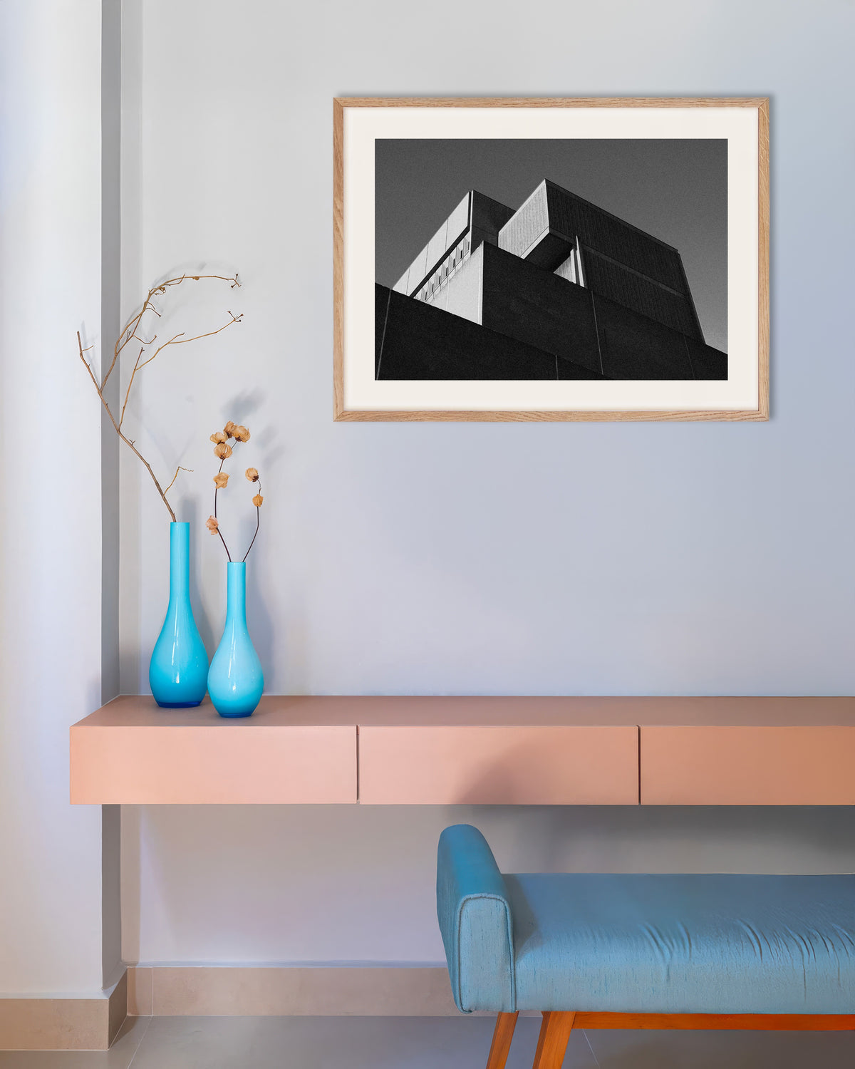 Affiche « Blocs en escalier au crépuscule », avec un cadre en bois naturel