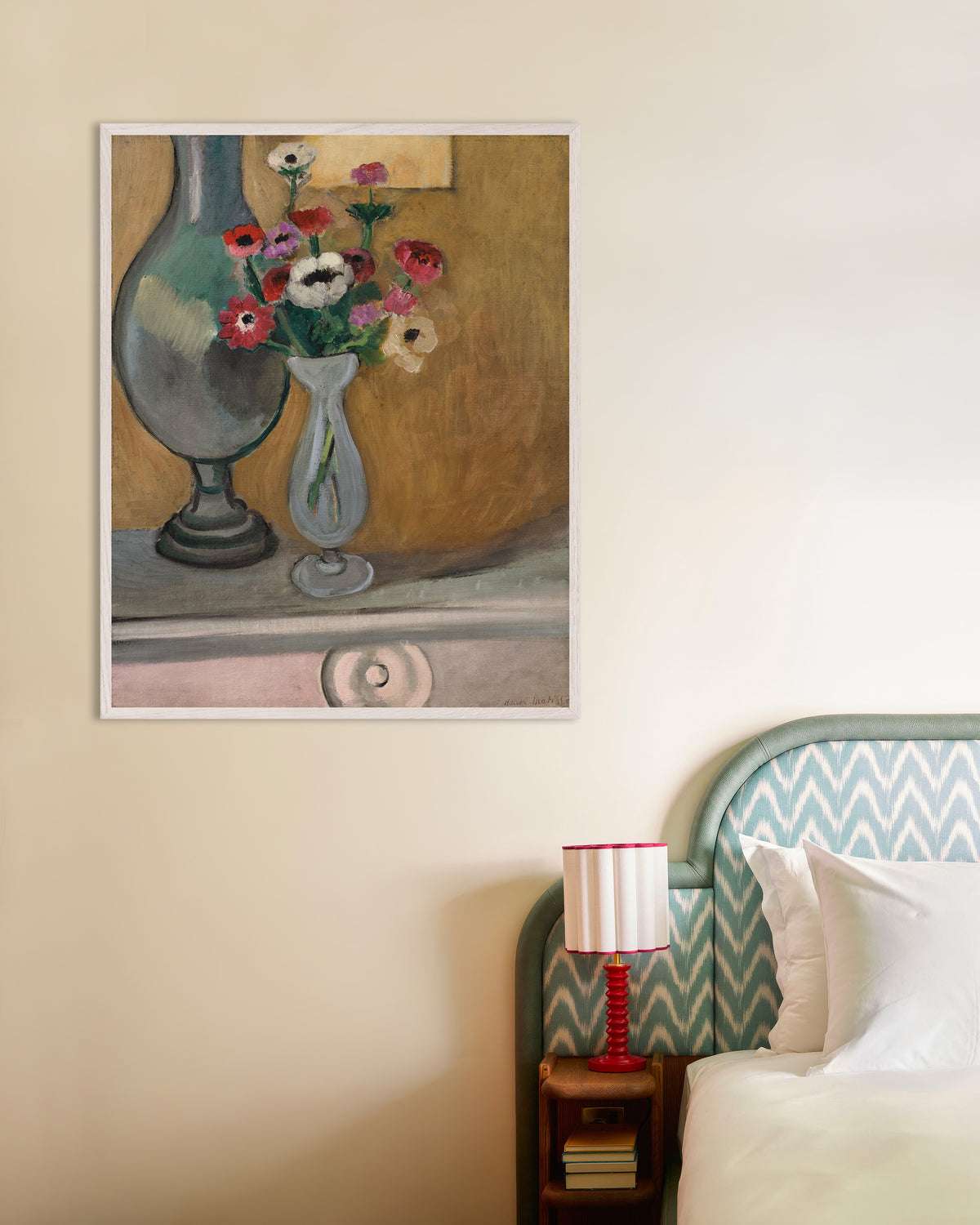 Poster de Le Bouquet d’anémones (1918) de Henri Matisse, avec un cadre en bois blanc