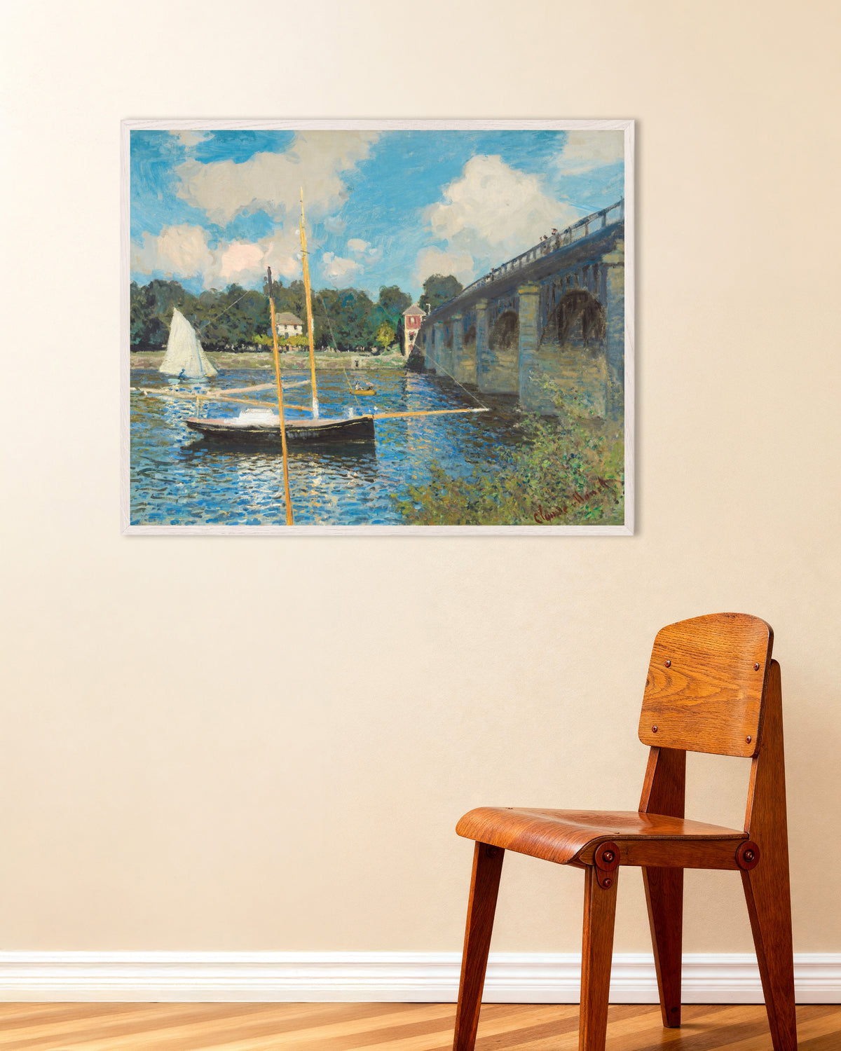 Affiche Le Pont à Argenteuil (1874) de Claude Monet, avec un cadre en bois blanc