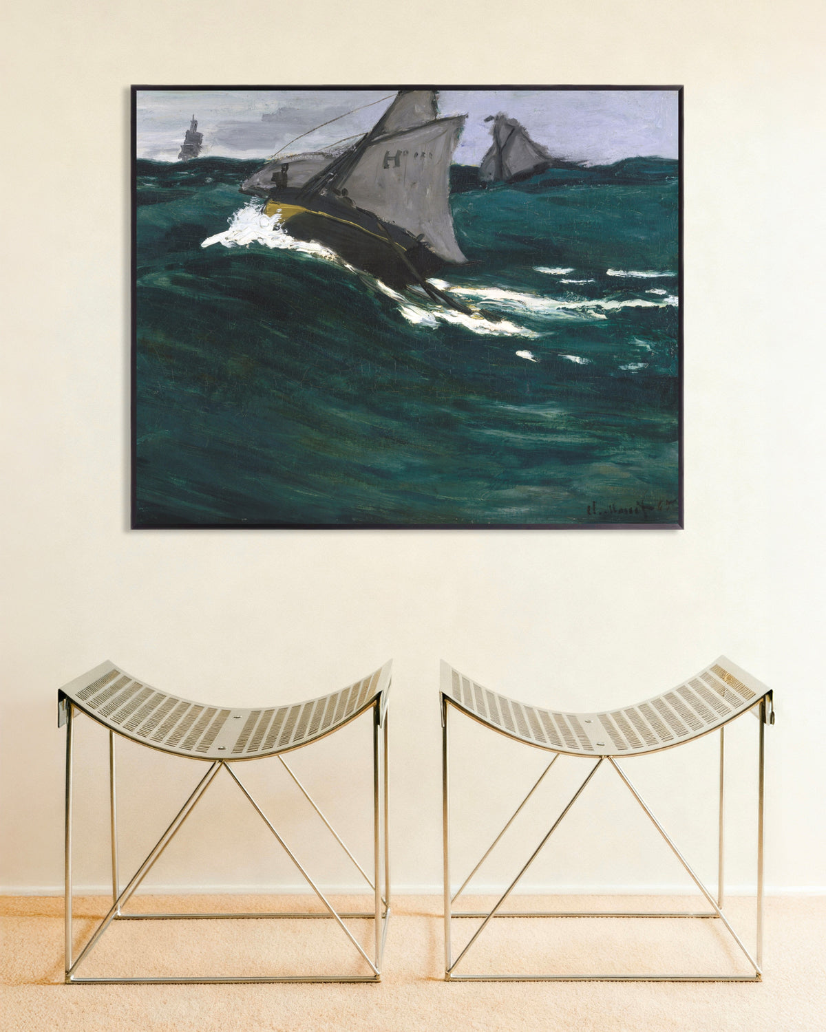 Affiche La Vague verte (vers 1866–1867) de Claude Monet, avec un cadre en métal