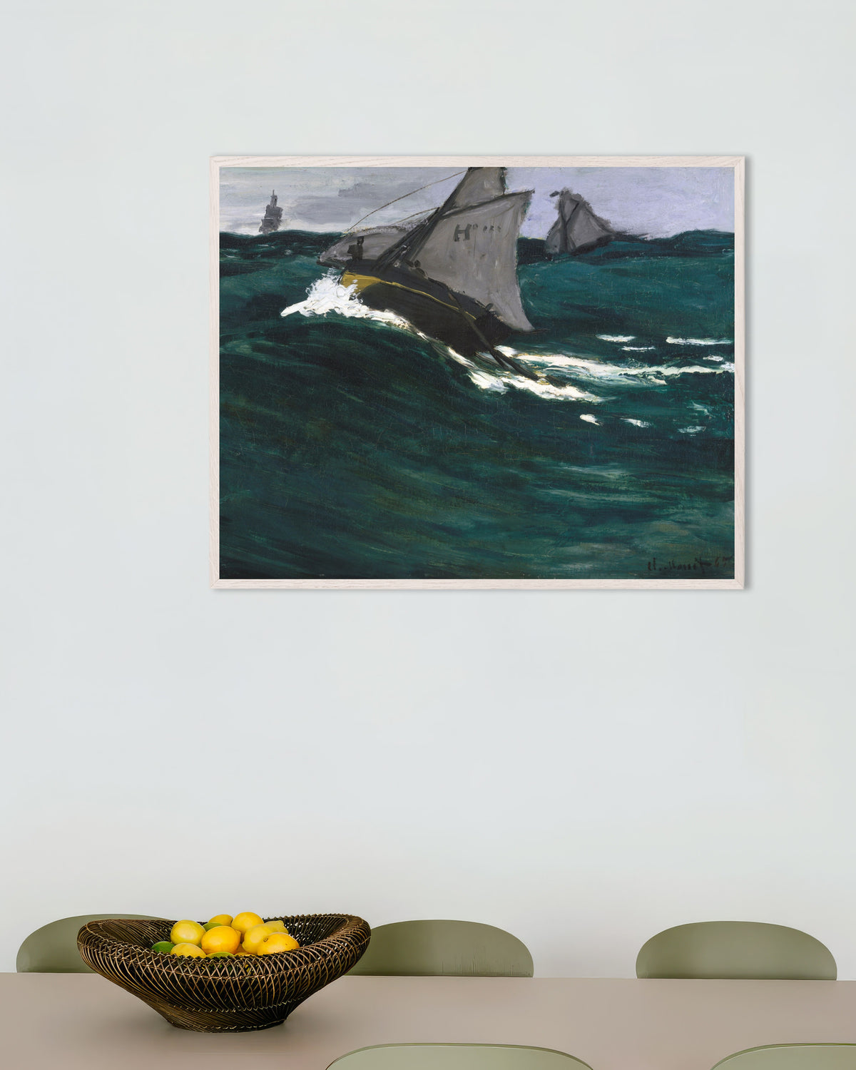 Affiche La Vague verte (vers 1866–1867) de Claude Monet, avec un cadre en bois blanc