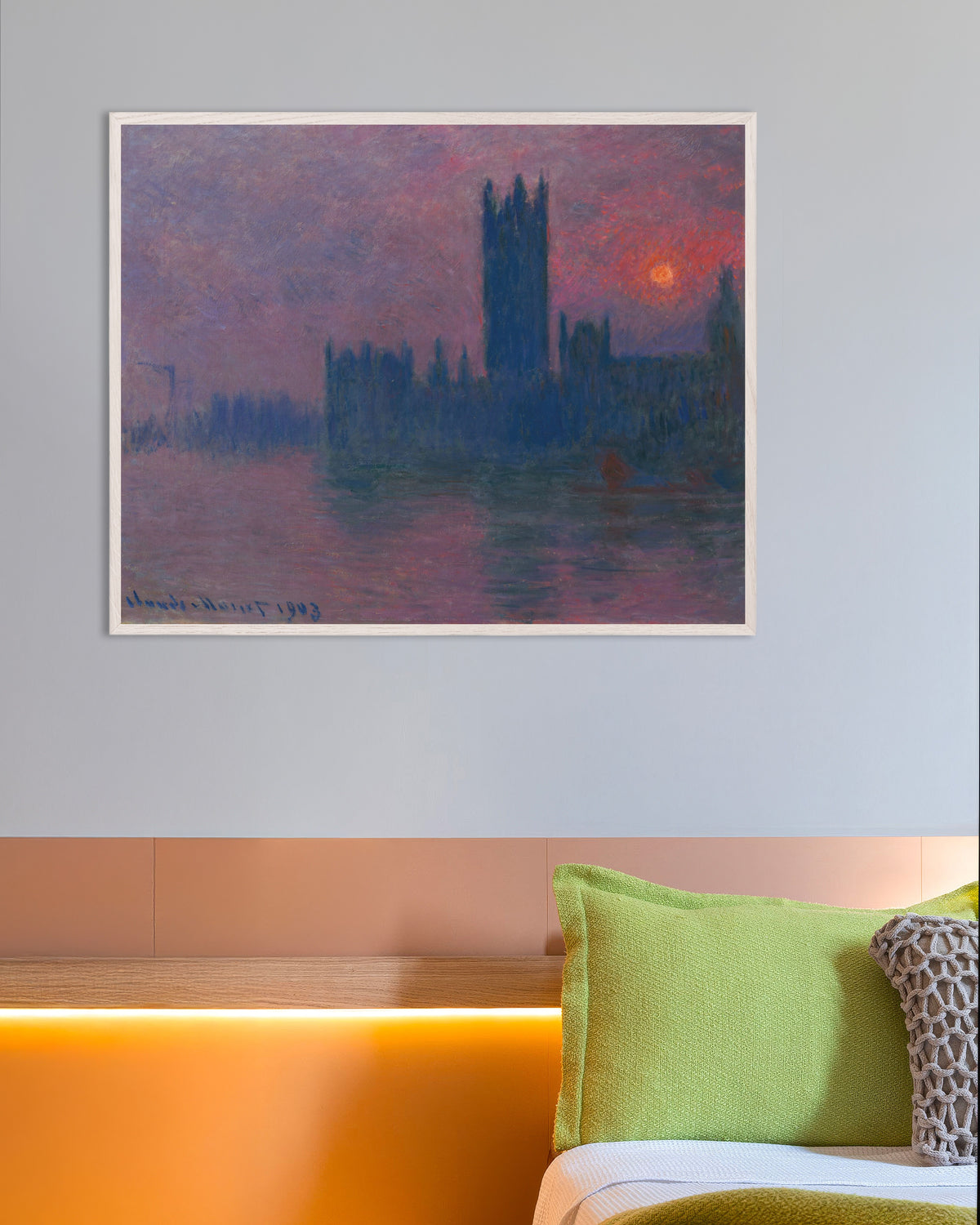 Affiche Le Parlement, soleil couchant (1900–1903) de Claude Monet, avec un cadre en bois blanc