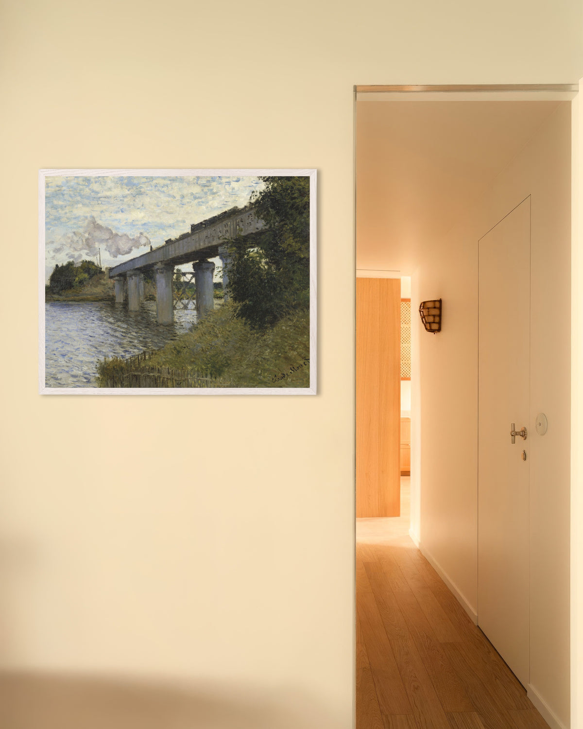 Affiche Le Pont du chemin de fer à Argenteuil (1873–1874) de Claude Monet, avec un cadre en bois blanc