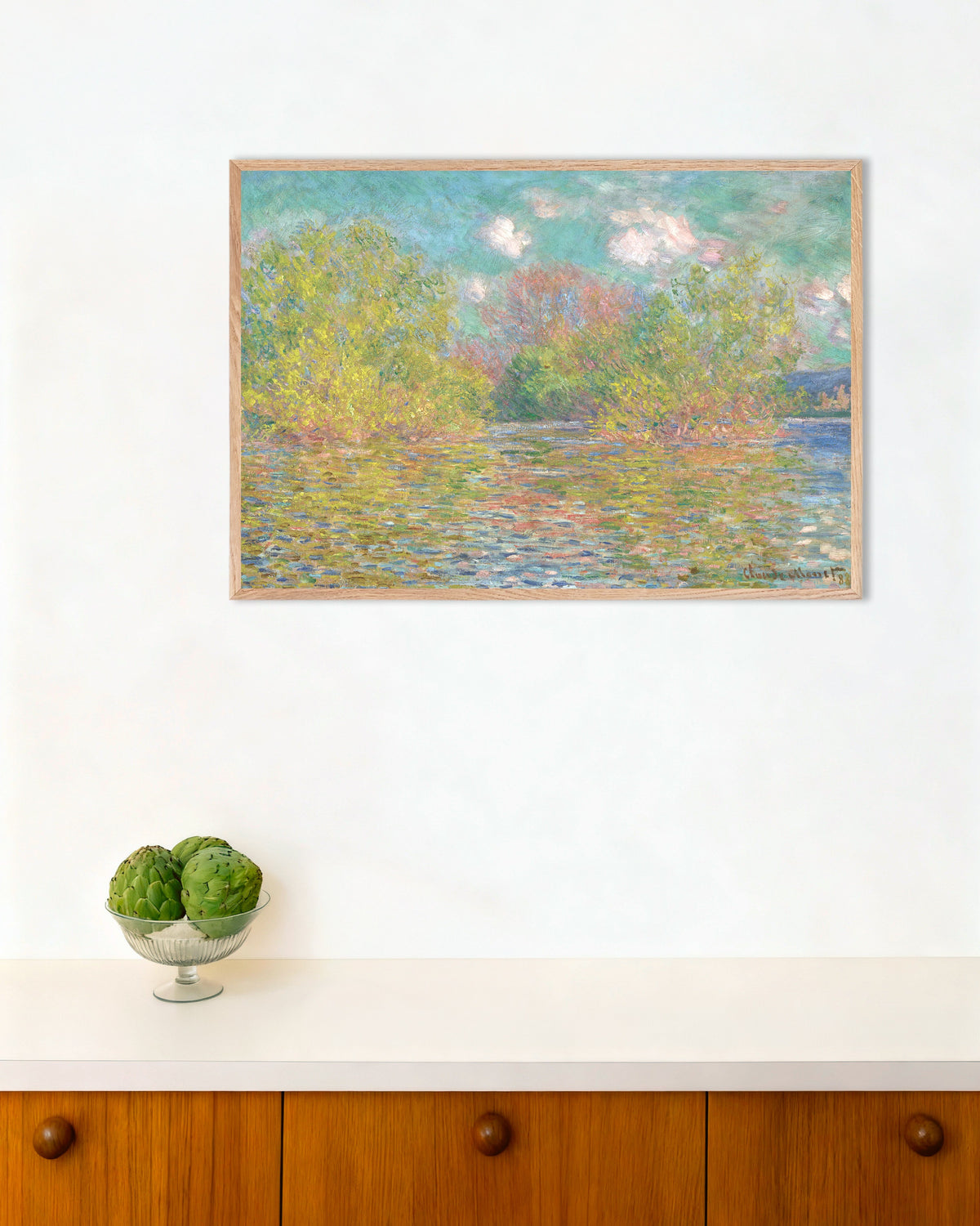 Affiche La Seine près de Giverny (1888) de Claude Monet, avec un cadre en bois naturel