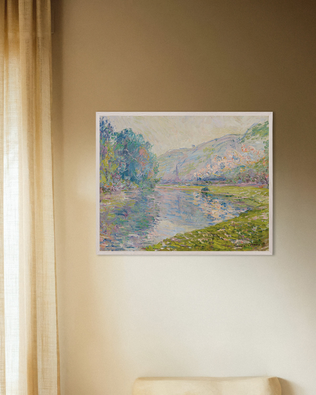 Affiche Le Train à Jeufosse (1884) de Claude Monet, avec un cadre en bois blanc