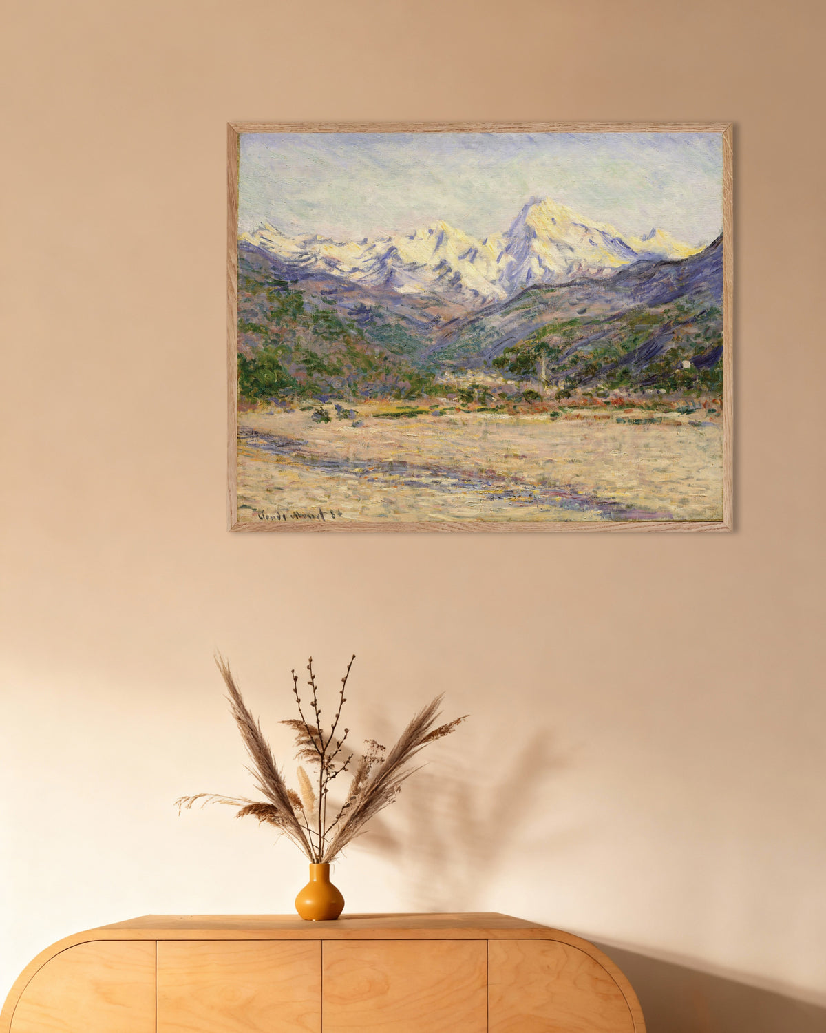 Affiche La Vallée de la Nervia (1884) de Claude Monet, avec un cadre en bois naturel