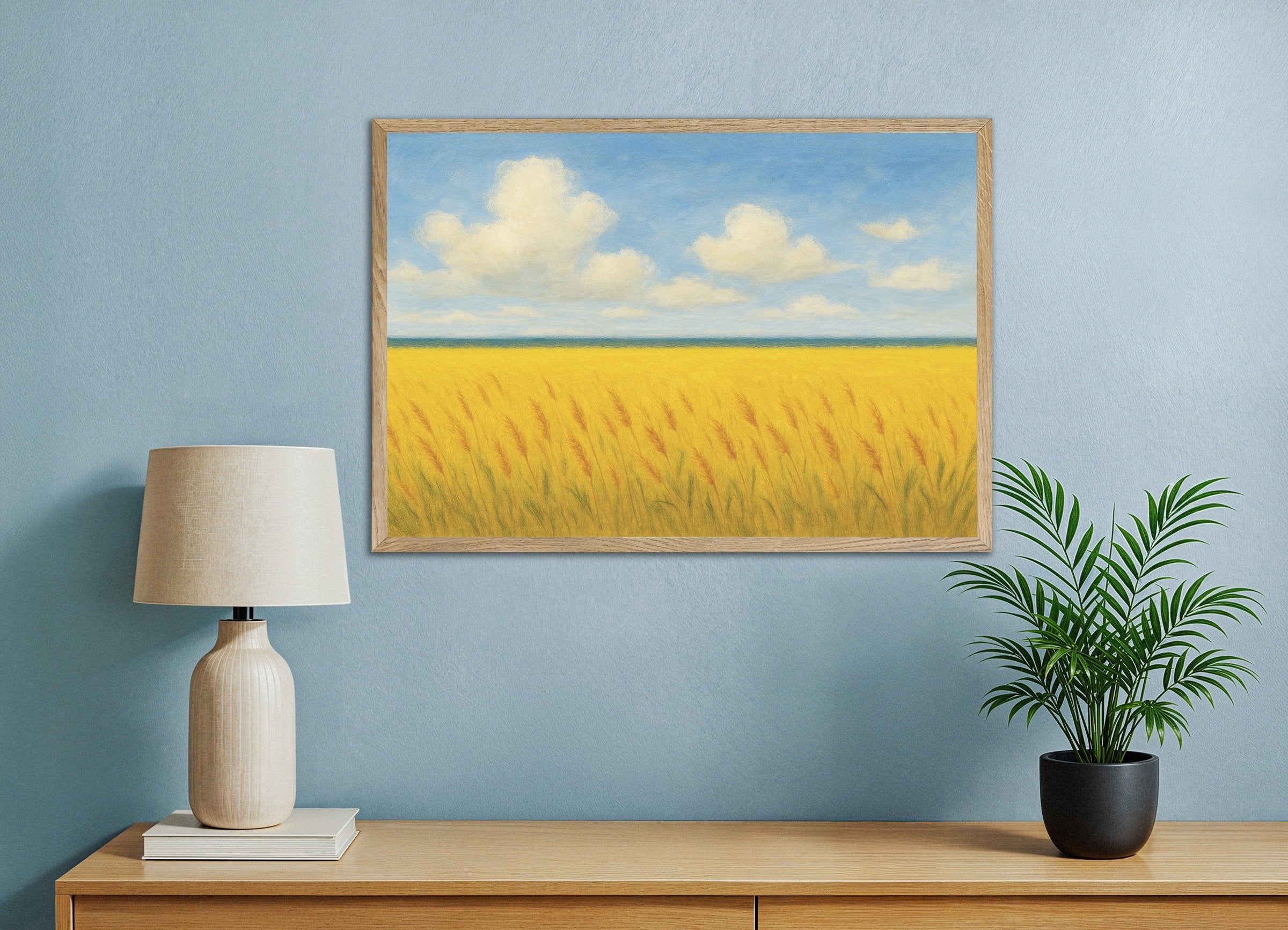 Poster of Ukraine poster - Wheat field and blue sky, with natural wooden frame