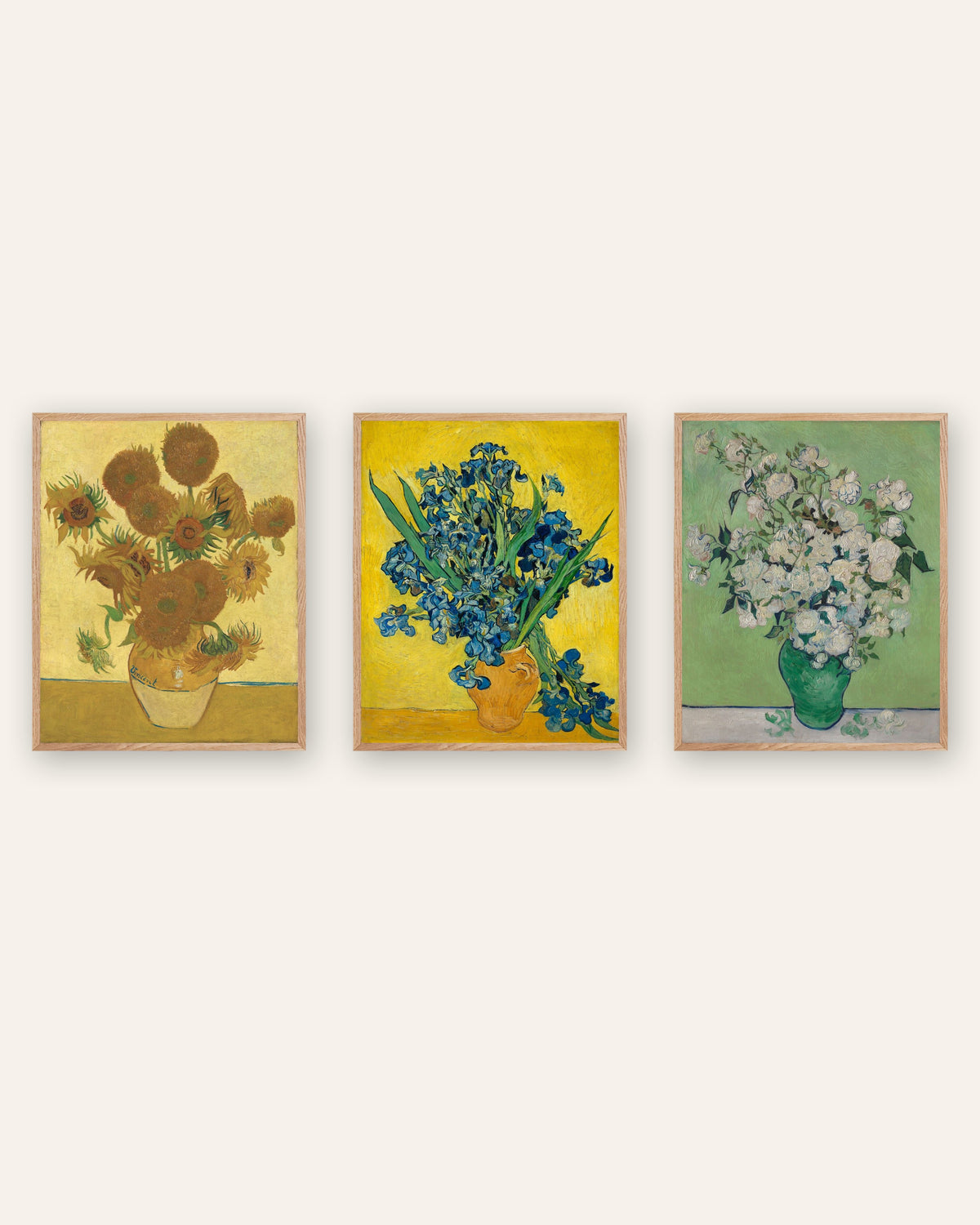 Affiches fleurs de Van Gogh, lot de 3 : Tournesols, Iris et Roses, cadres en chêne naturel