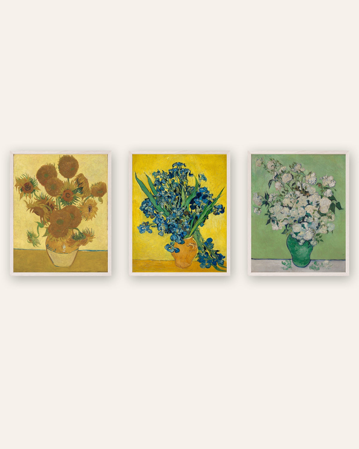 Affiches fleurs de Van Gogh, lot de 3 : Tournesols, Iris et Roses, cadres en chêne blanc