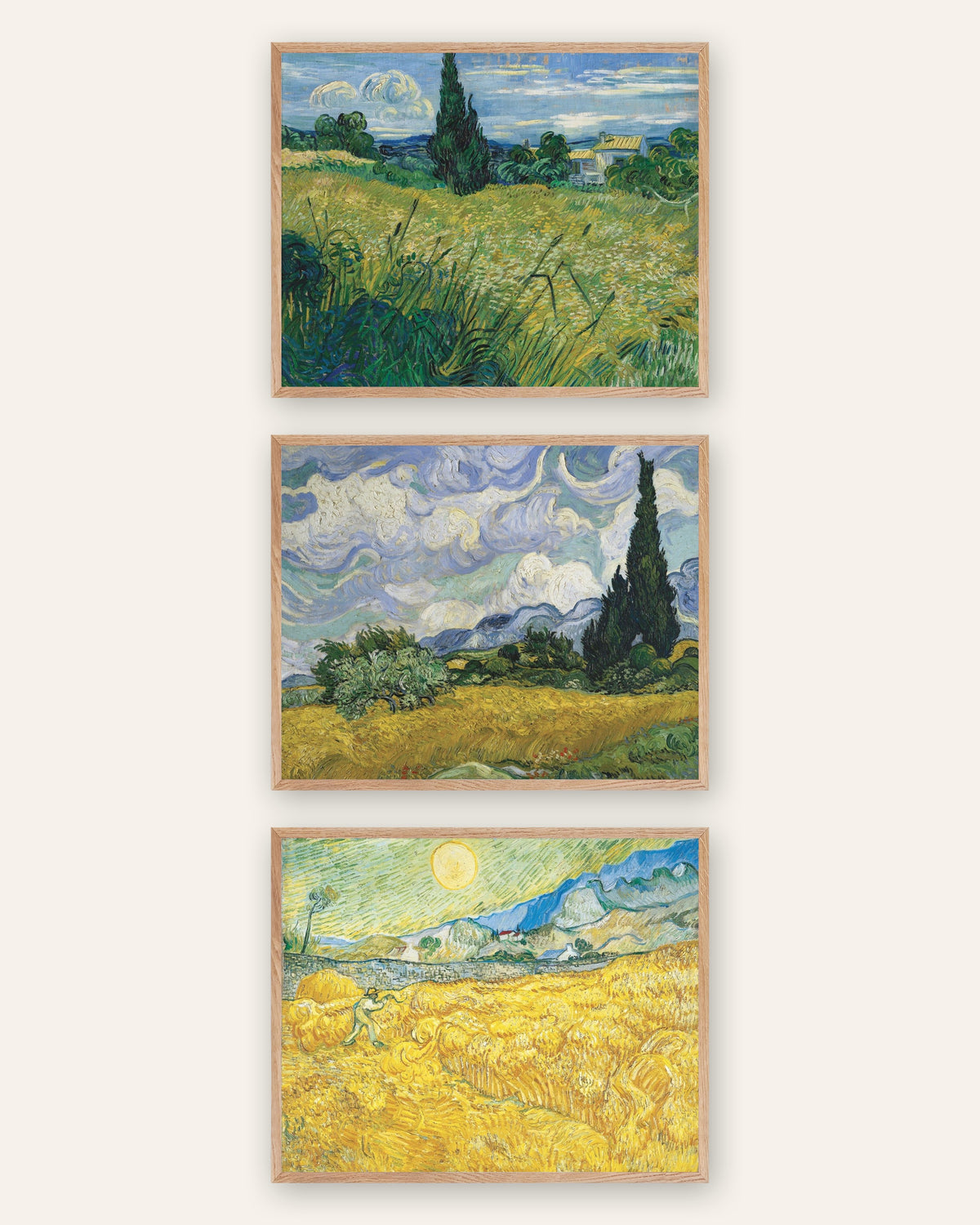 Affiches Van Gogh champs de blé, lot de 3 : cyprès et moisson, cadres en chêne naturel