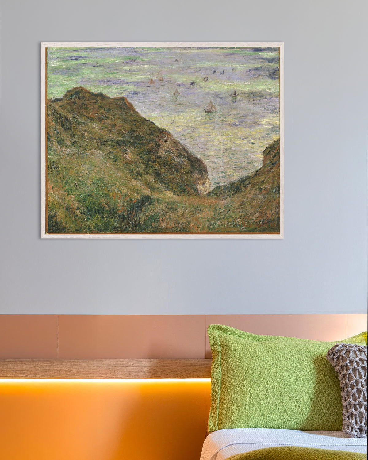 Affiche Vue sur la mer (1882) de Claude Monet, avec un cadre en bois blanc