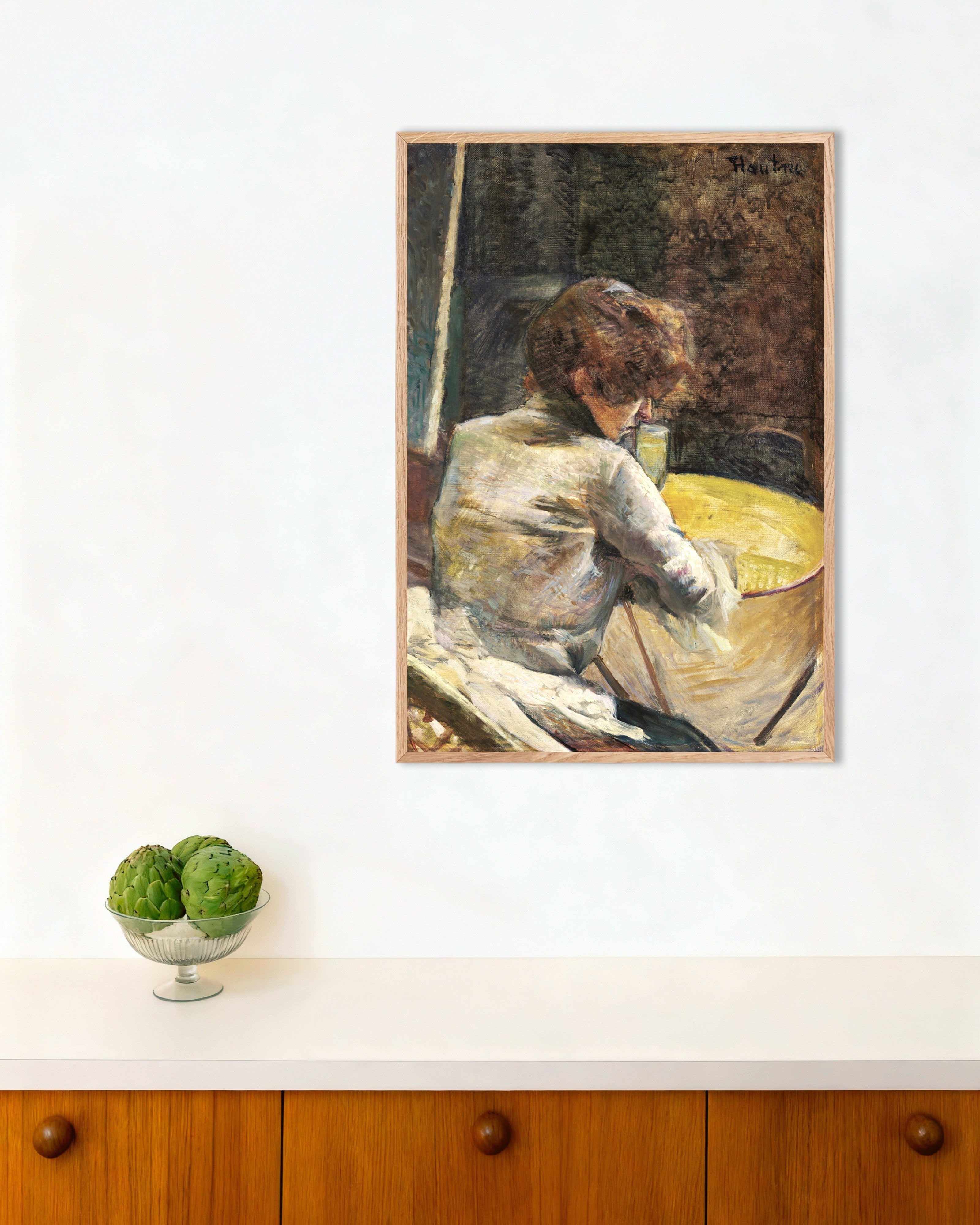 Poster of Waiting (ca. 1887) by Henri de Toulouse-Lautrec, with natural wooden frame