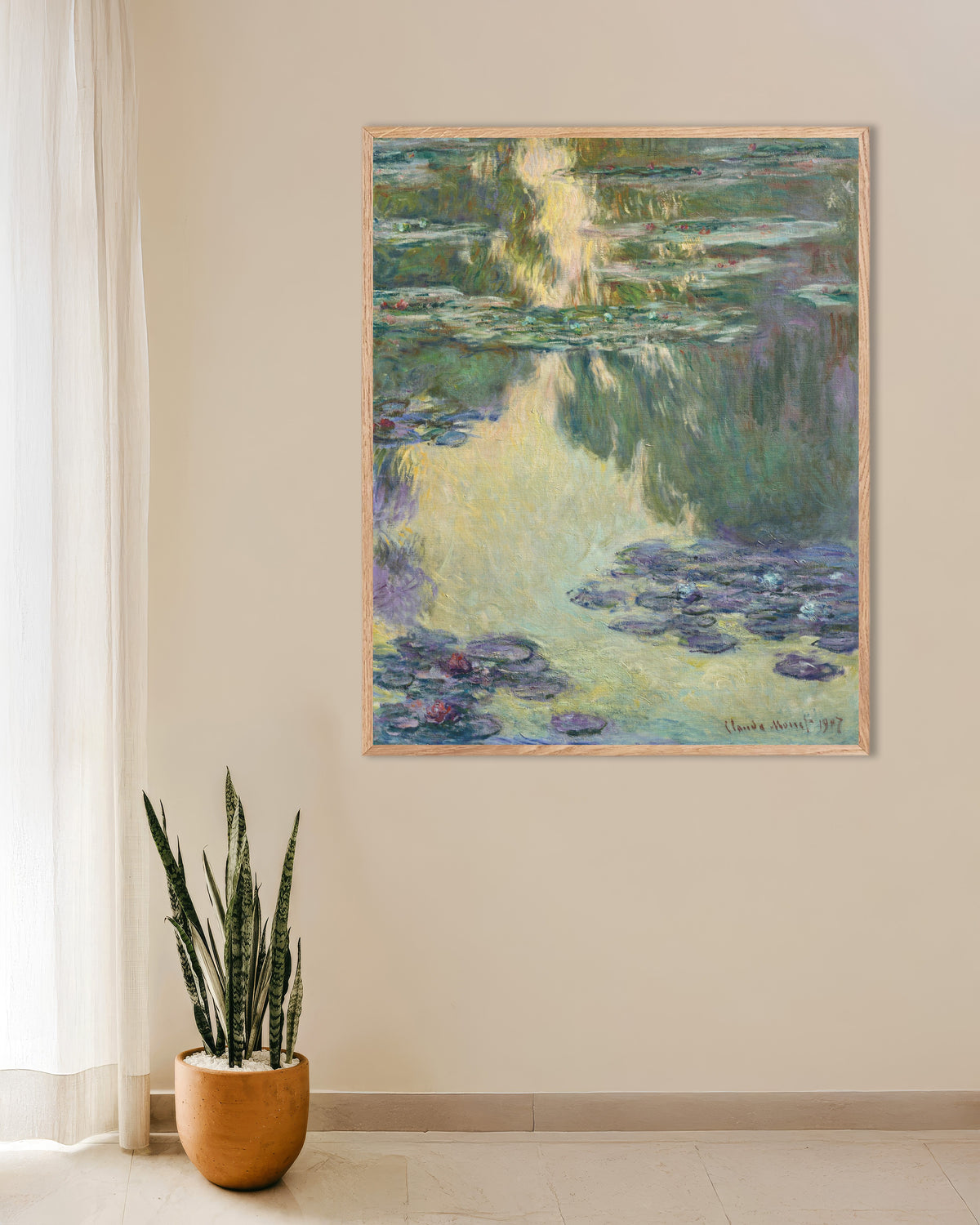 Affiche Nymphéas (1907) de Claude Monet, avec un cadre en bois naturel