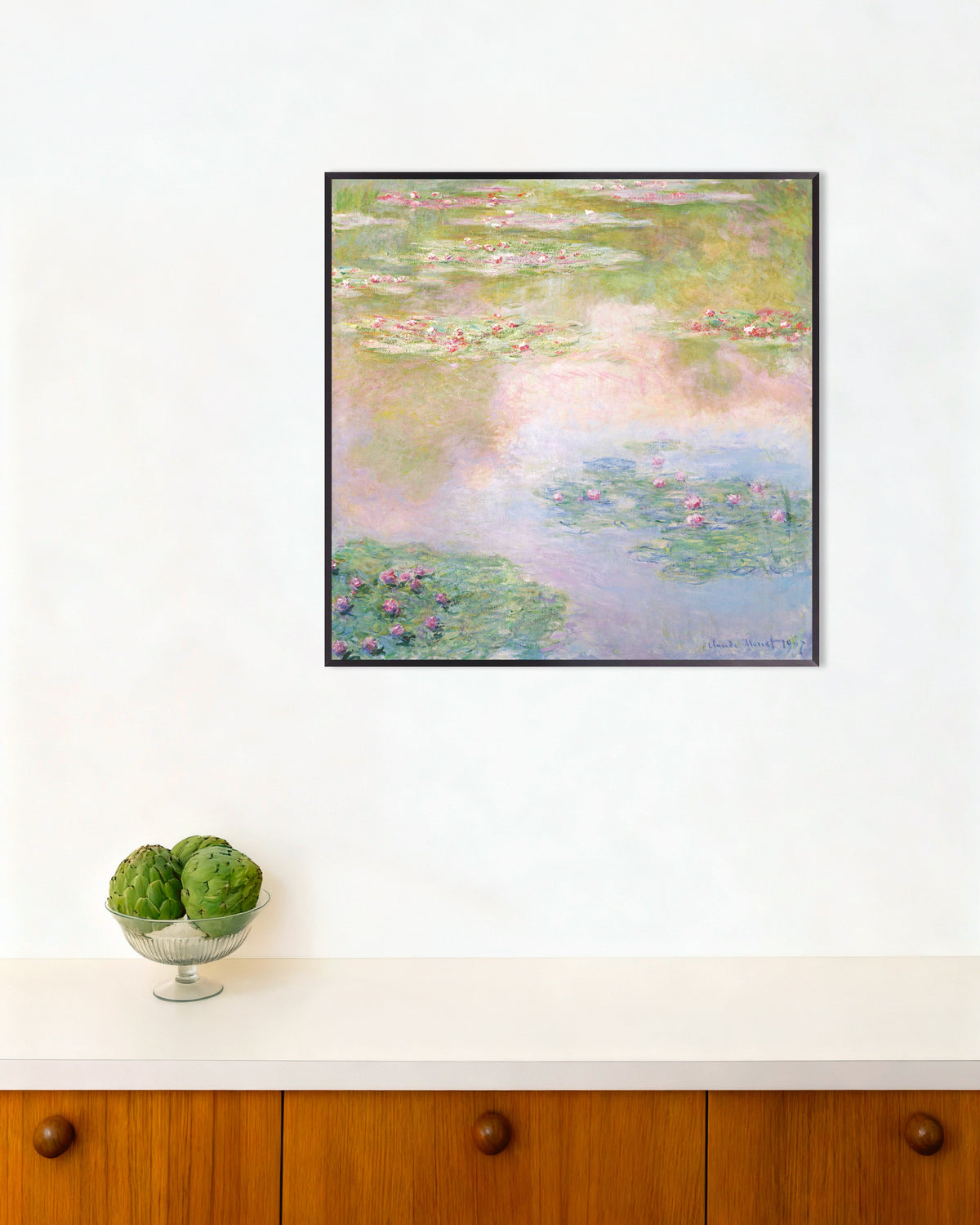 Affiche Nymphéas, reflets roses (1907) de Claude Monet, avec un cadre en métal