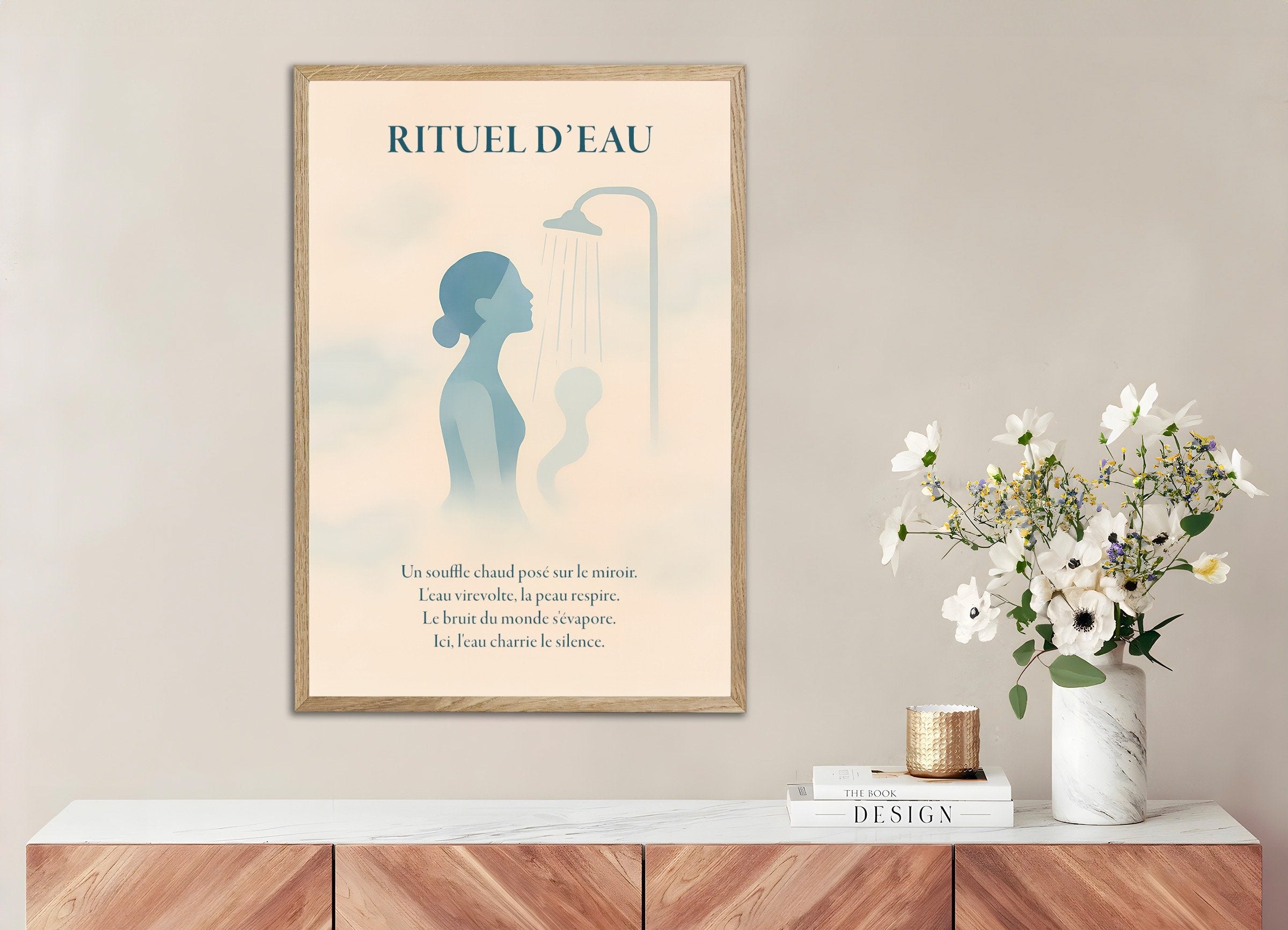 Poster of Water Ritual Art Print – Calm Bathroom Poster, with natural wooden frame